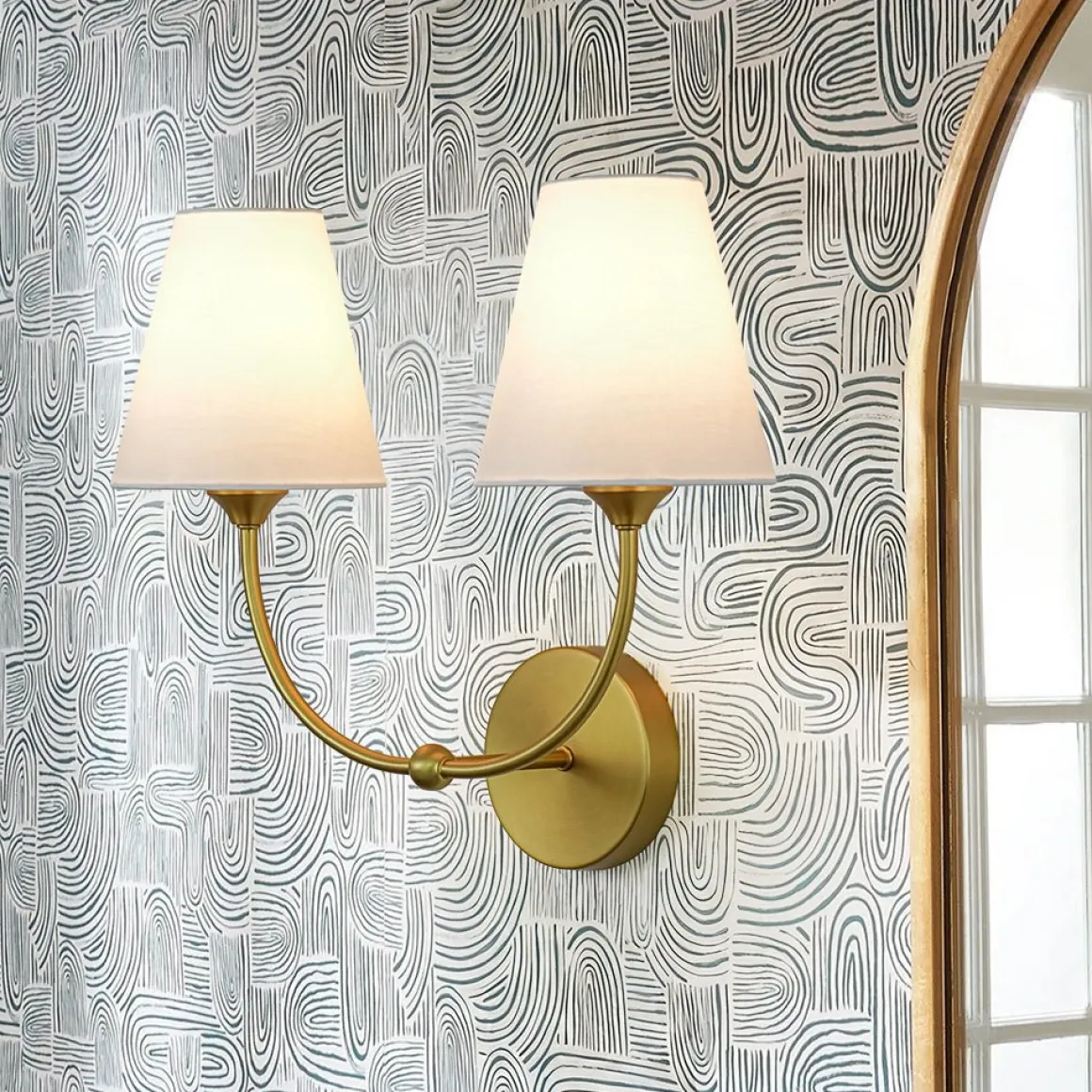 French 2-Light White Linen Conical Vanity Wall Sconce