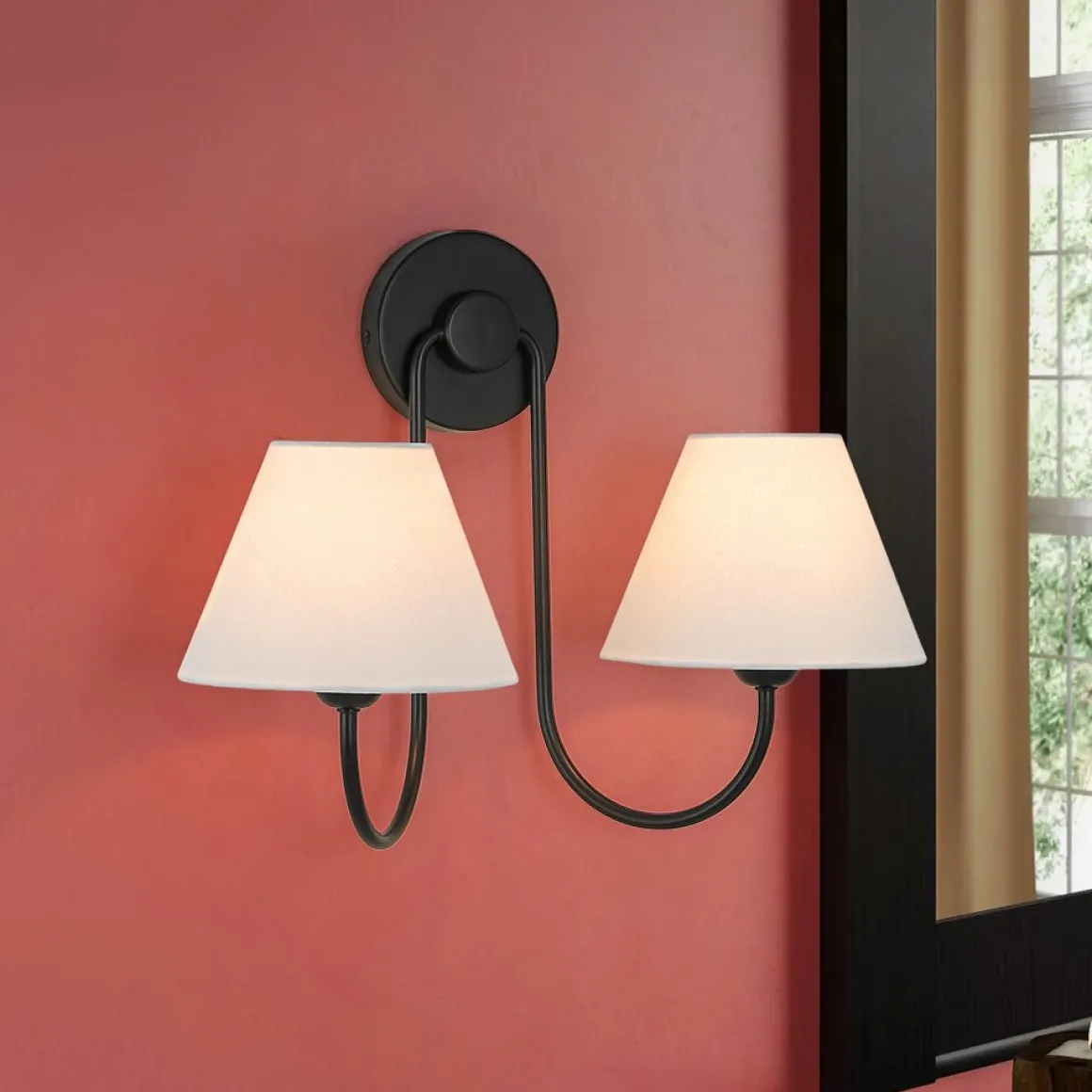 French 2-Light White Linen Conical Vanity Wall Lamp