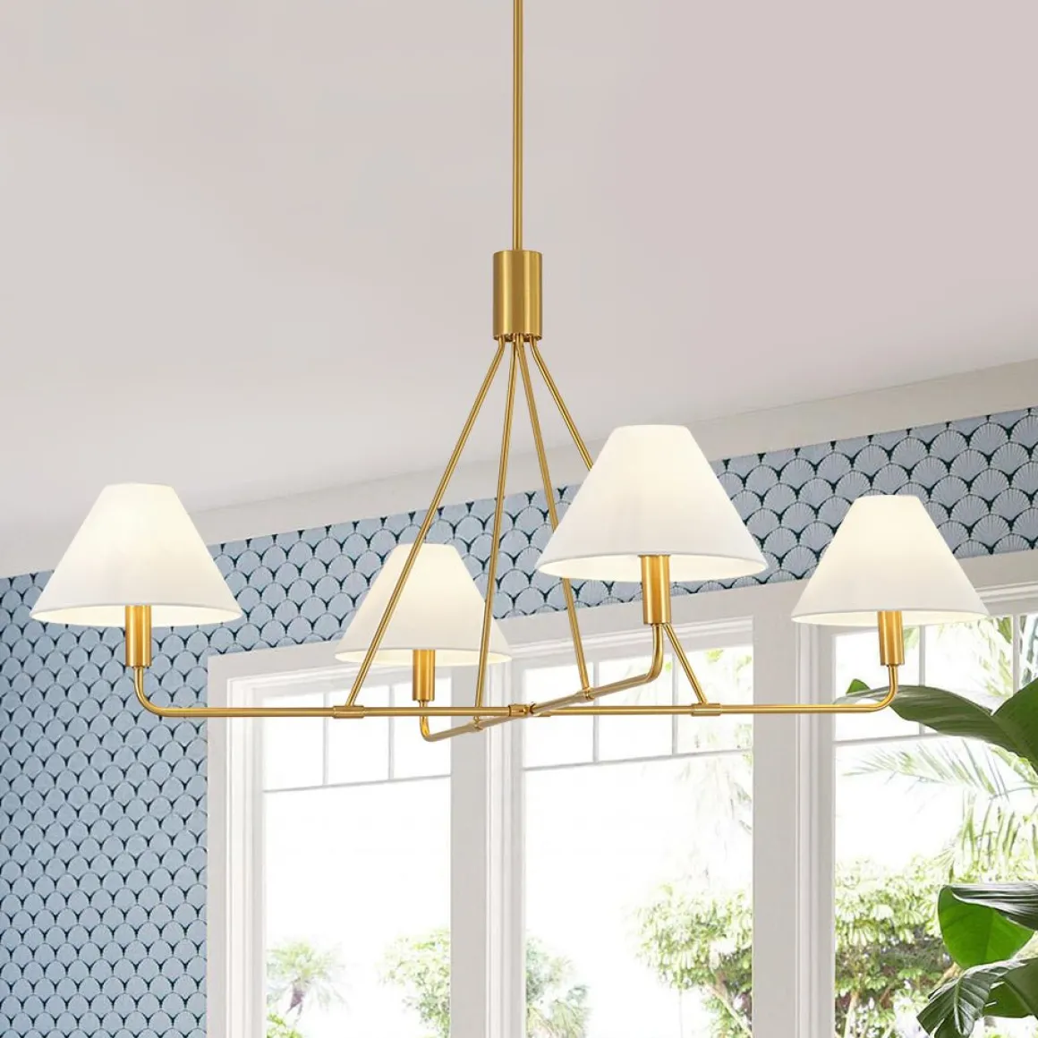 French Luxe Brass 4-Light White Linen Shade Candle Chandelier