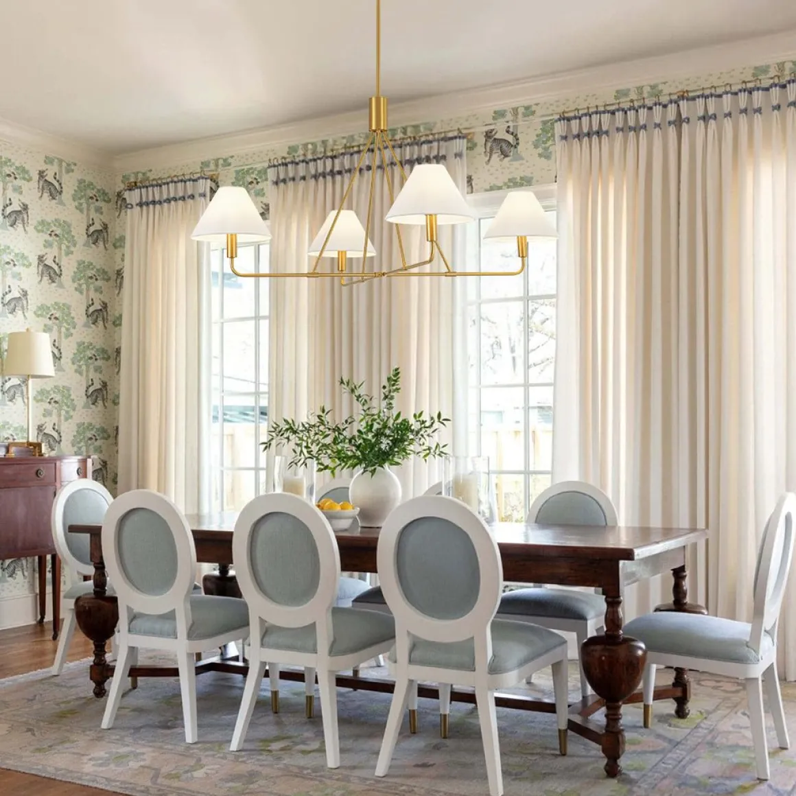 French Luxe Brass 4-Light White Linen Shade Candle Chandelier