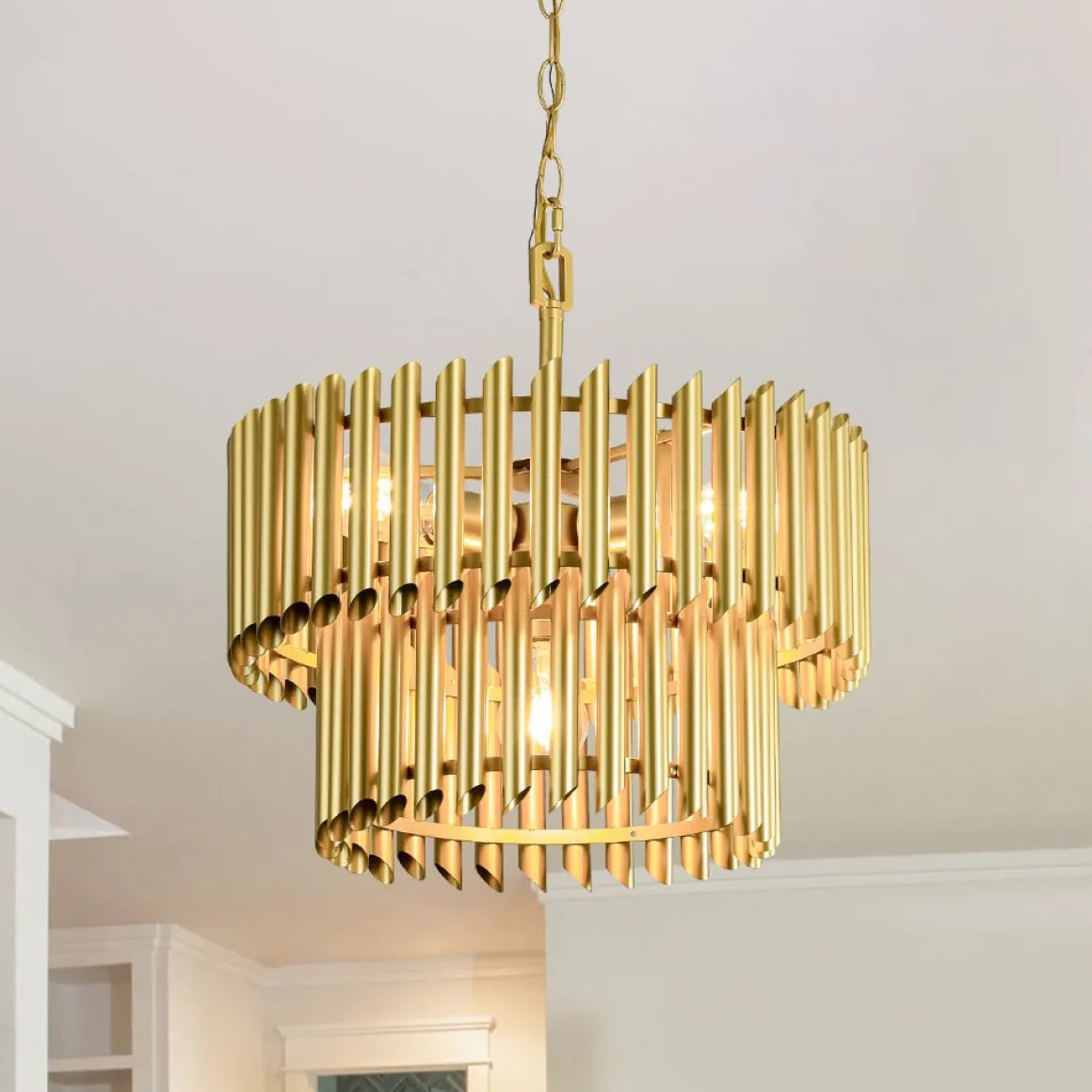 French Luxury Gold 2-Tier Metal Drum Cage Chandelier