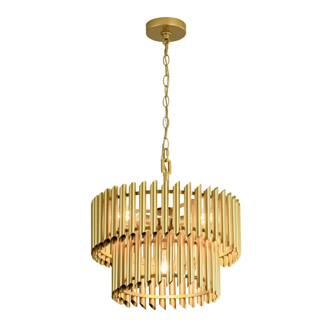 French Luxury Gold 2-Tier Metal Drum Cage Chandelier