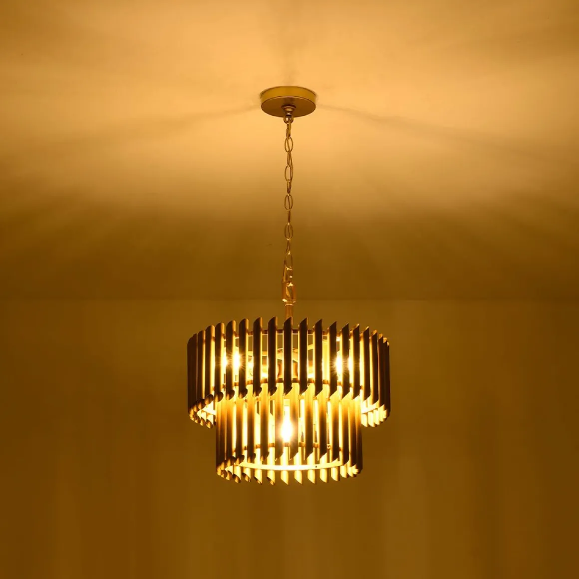 French Luxury Gold 2-Tier Metal Drum Cage Chandelier