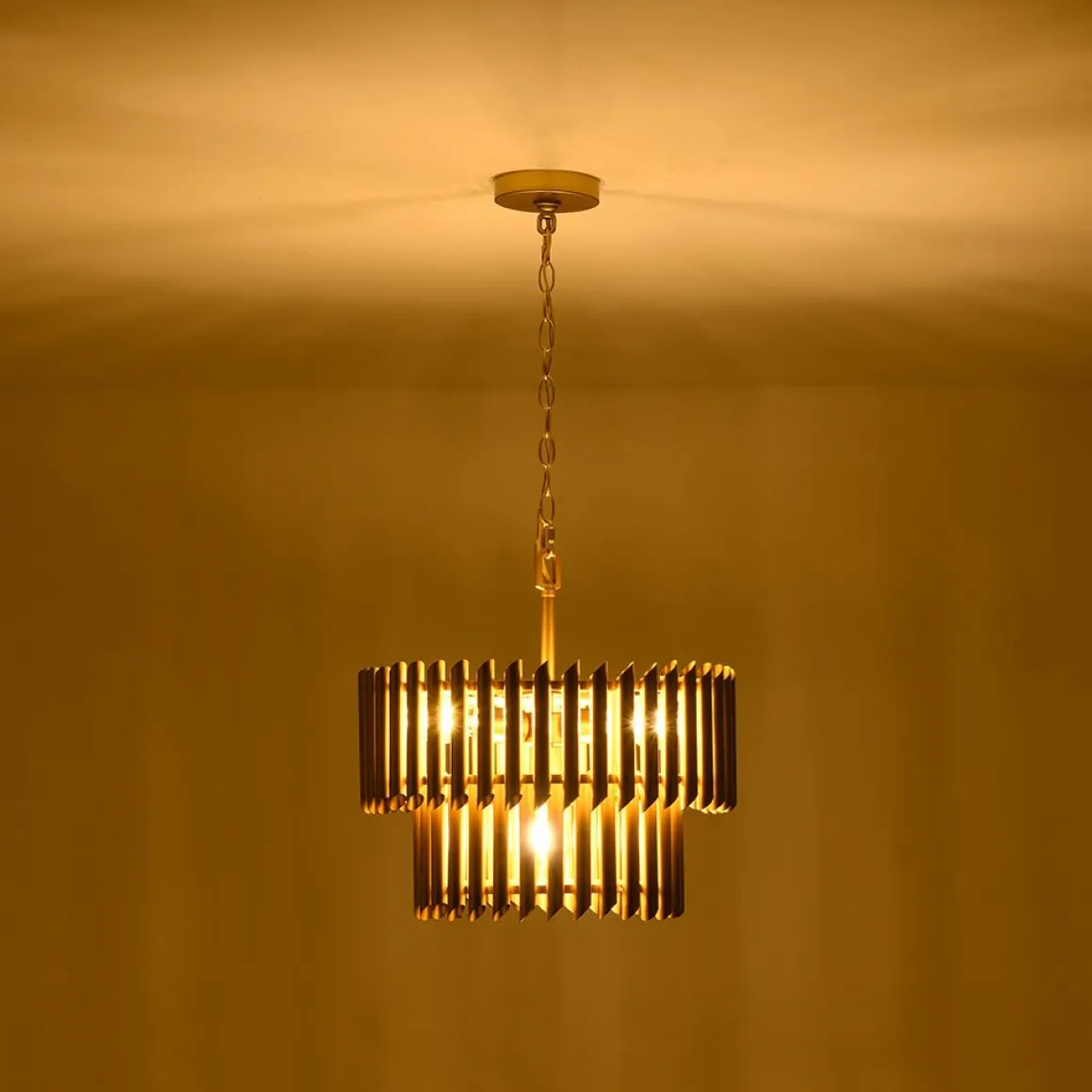 French Luxury Gold 2-Tier Metal Drum Cage Chandelier
