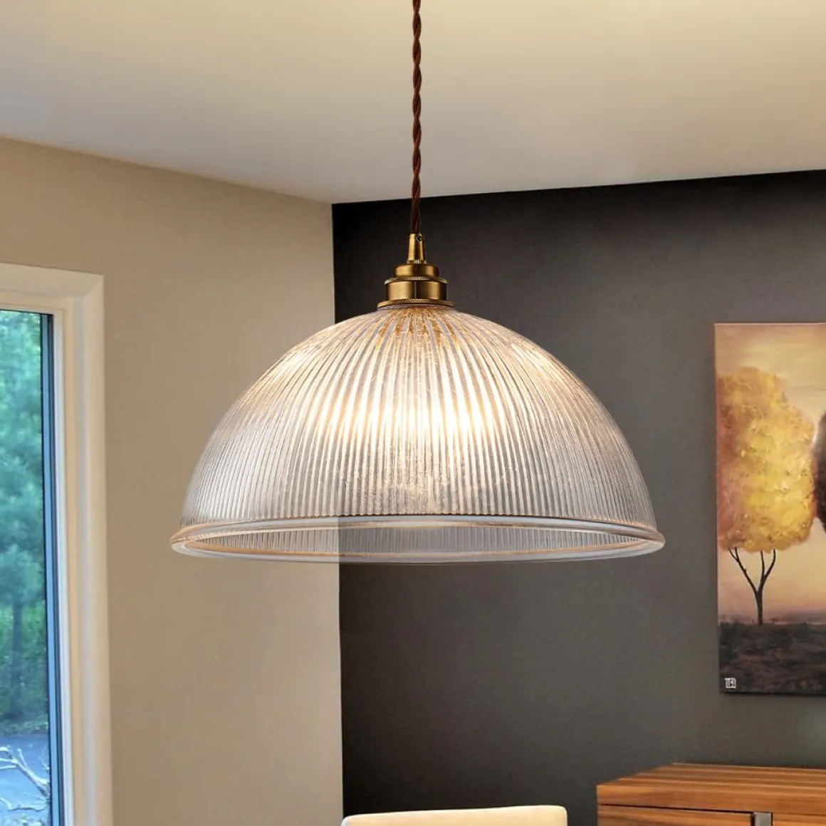 French Retro 1-Light Clear Ribbed Glass Dome Pendant