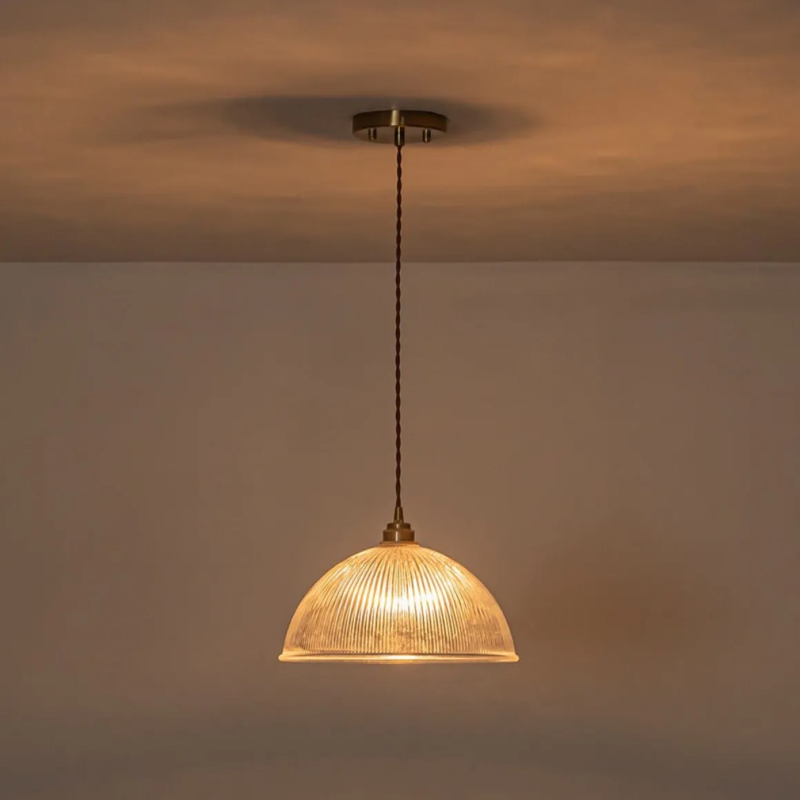 French Retro 1-Light Clear Ribbed Glass Dome Pendant