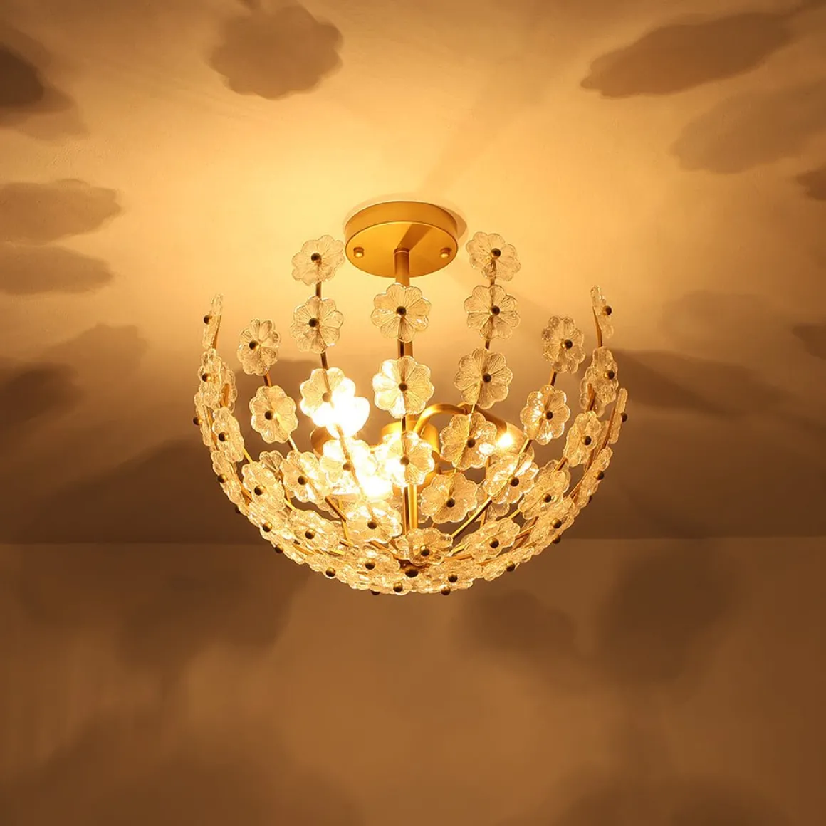 French Sculpture Brass Bloom Glass Floral Semi Flush Mount