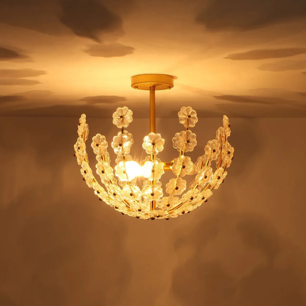 French Sculpture Brass Bloom Glass Floral Semi Flush Mount