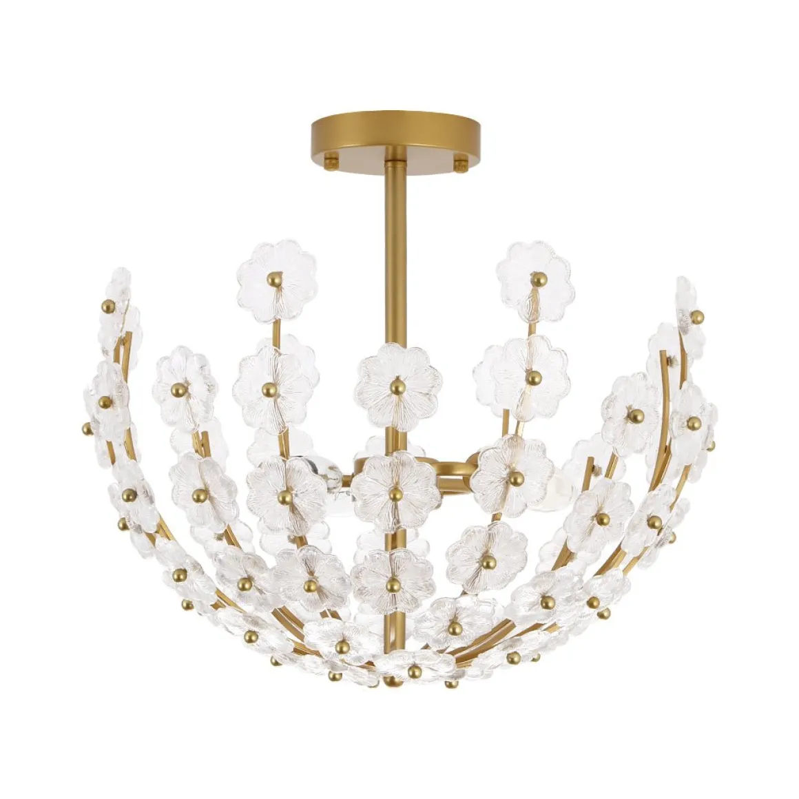 French Sculpture Brass Bloom Glass Floral Semi Flush Mount
