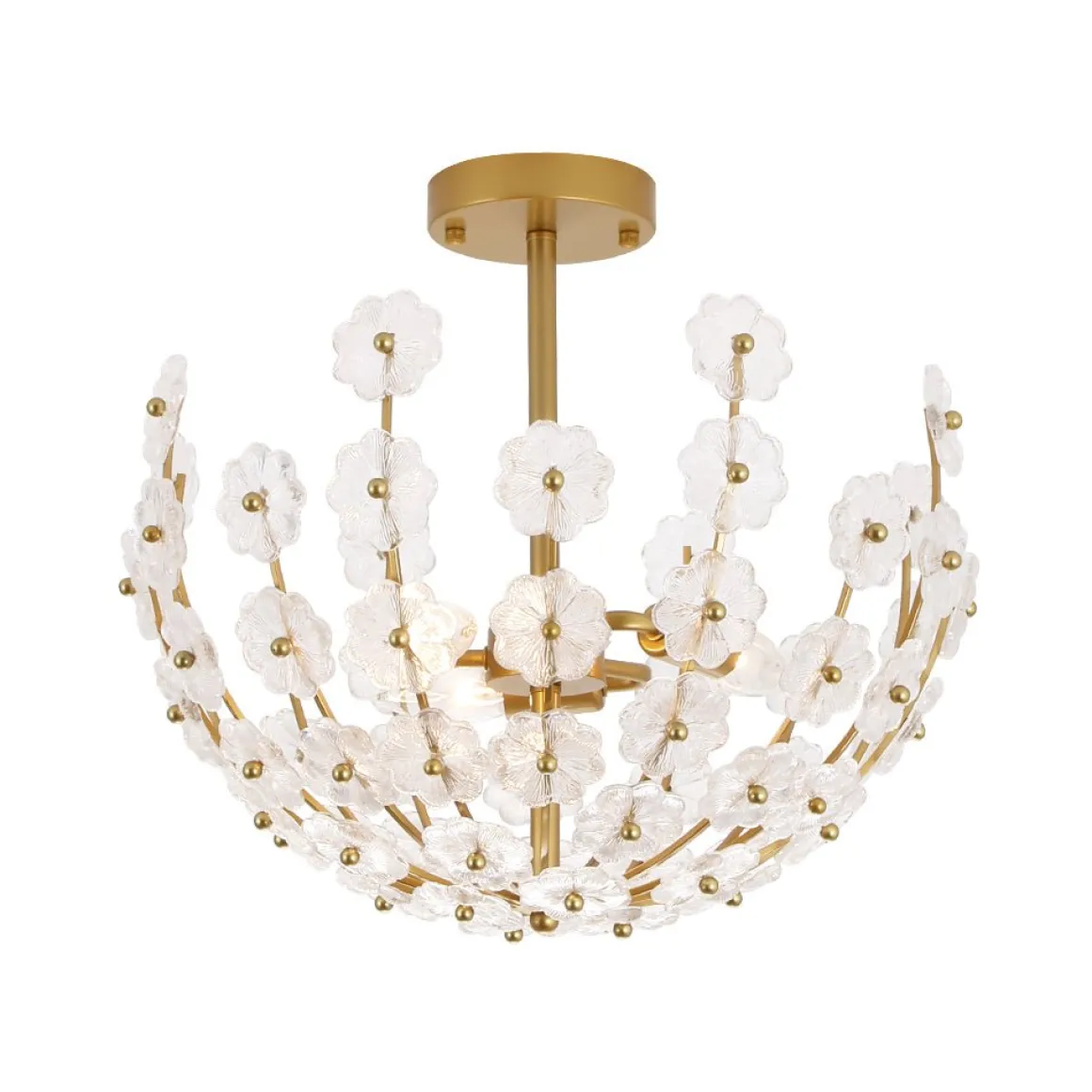 French Sculpture Brass Bloom Glass Floral Semi Flush Mount