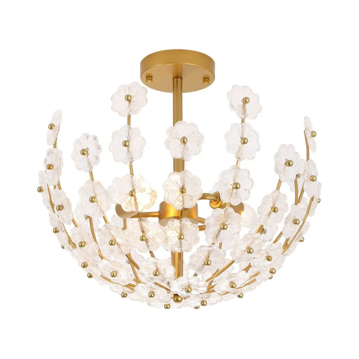 French Sculpture Brass Bloom Glass Floral Semi Flush Mount