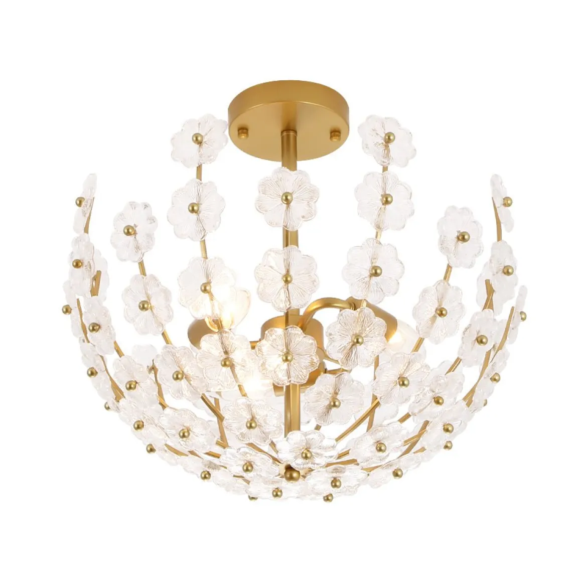 French Sculpture Brass Bloom Glass Floral Semi Flush Mount