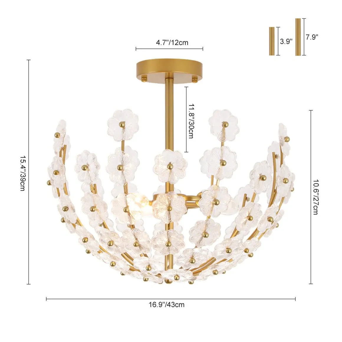French Sculpture Brass Bloom Glass Floral Semi Flush Mount