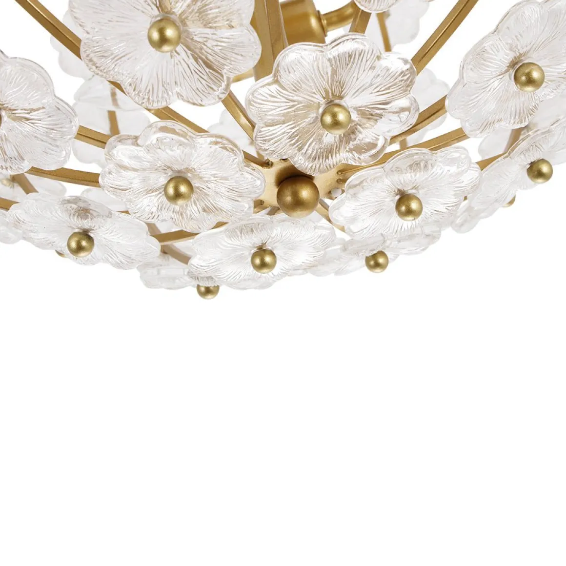 French Sculpture Brass Bloom Glass Floral Semi Flush Mount