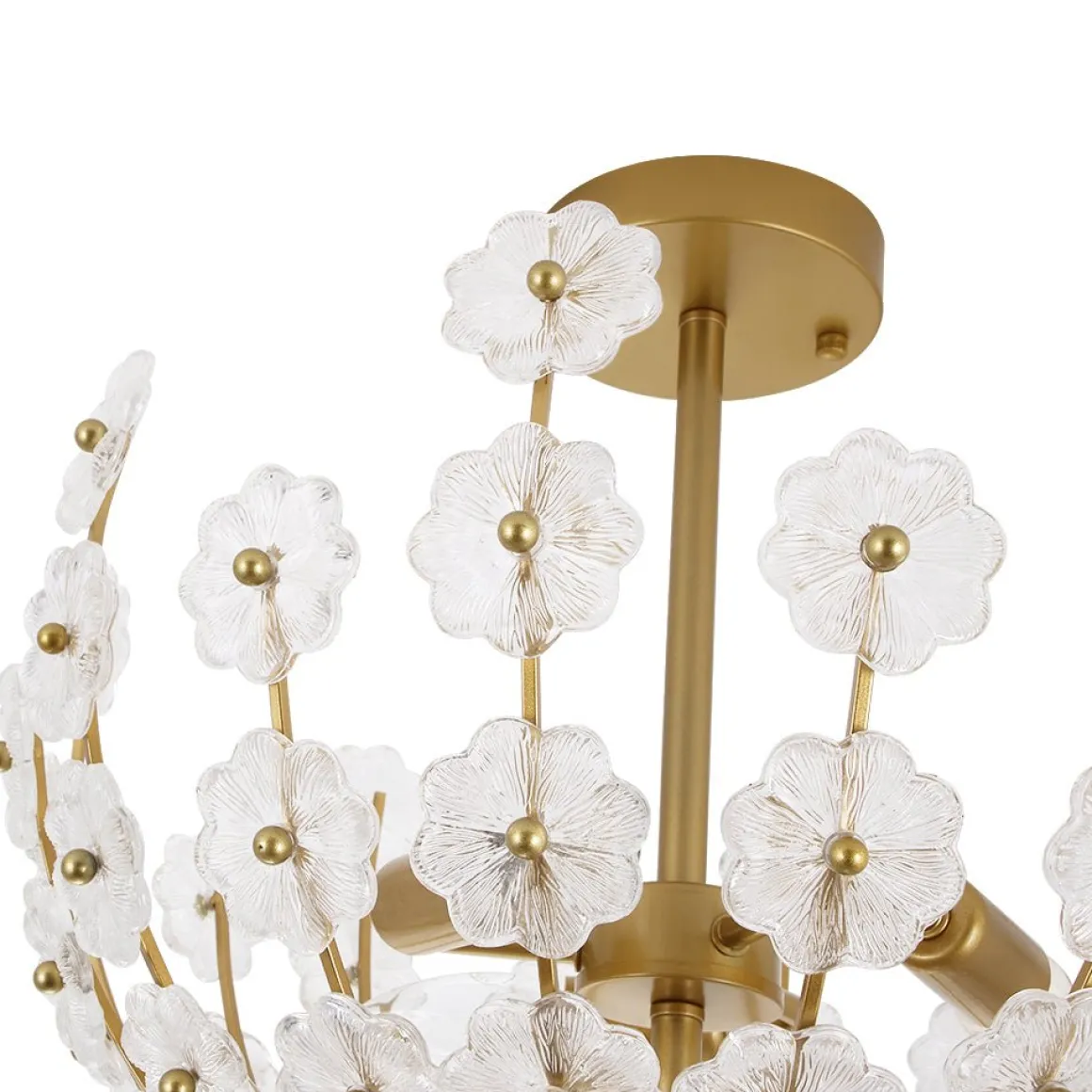 French Sculpture Brass Bloom Glass Floral Semi Flush Mount