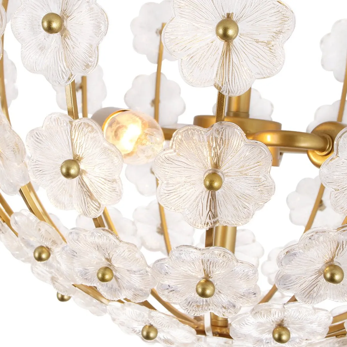 French Sculpture Brass Bloom Glass Floral Semi Flush Mount