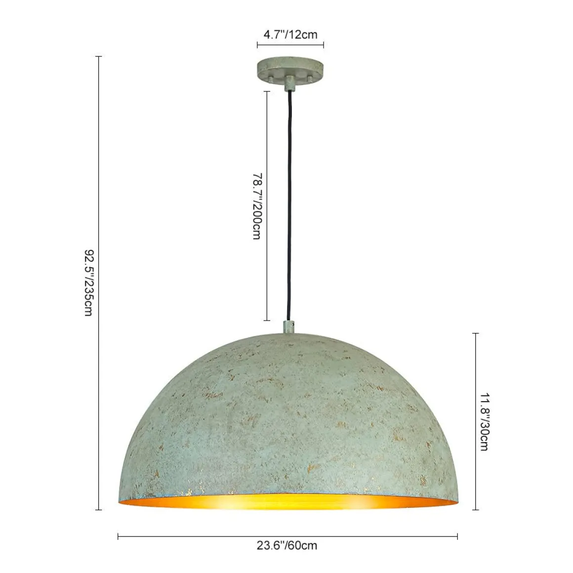 French Shabby Chic Weathered Patina Green Oversized Dome Pendant
