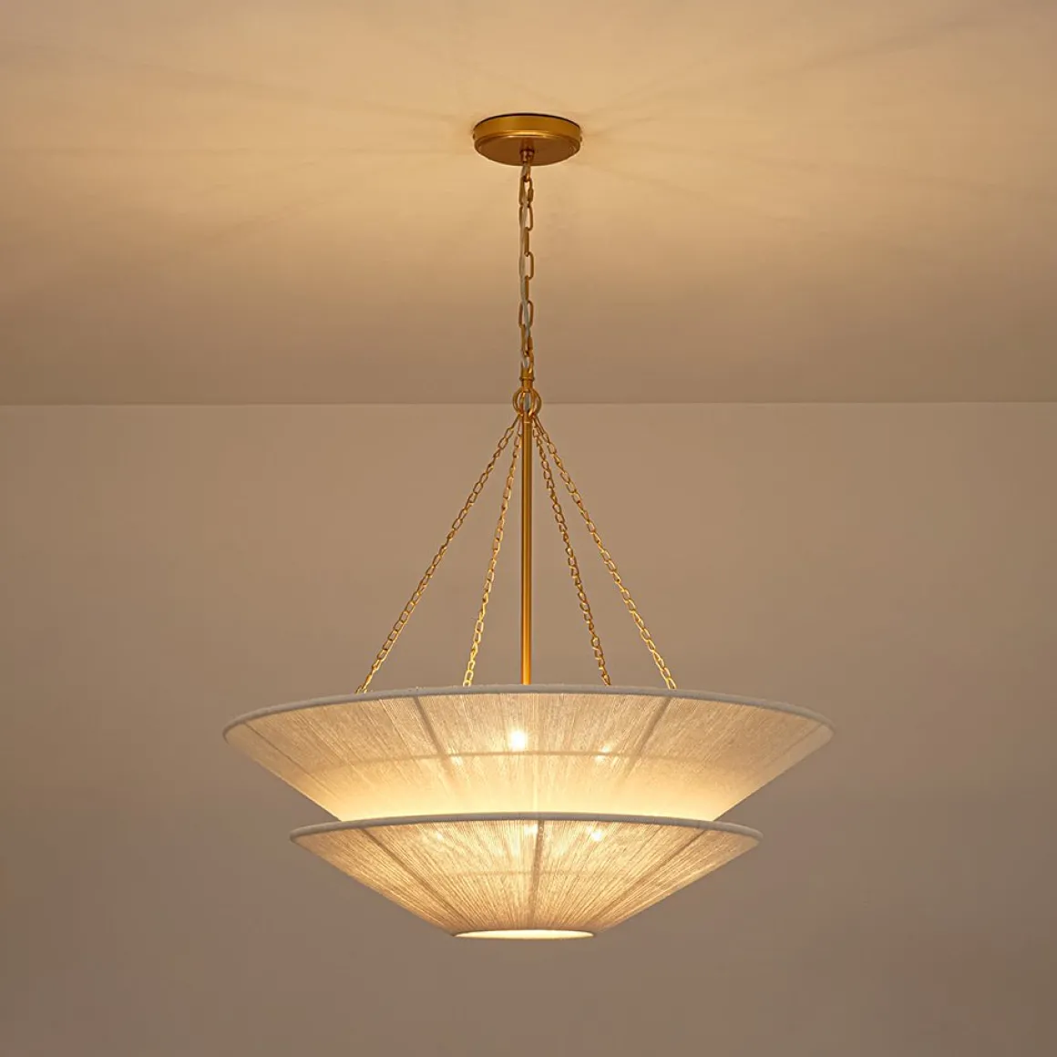 French 2-Tier Beige Woven Thread Cone Round Cage Chandelier