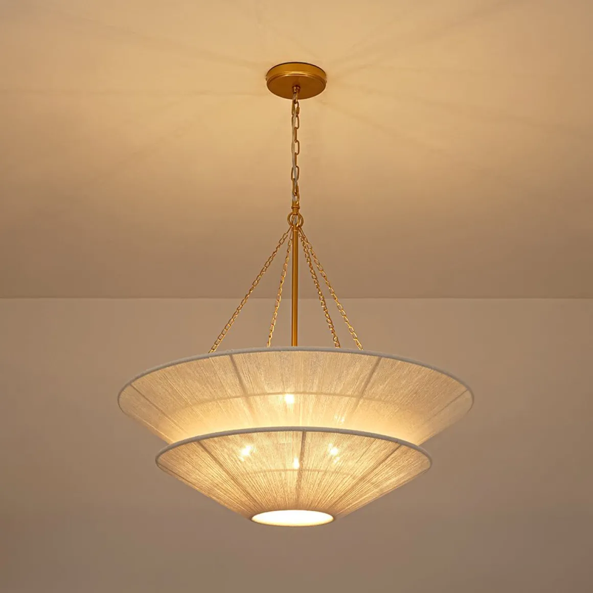French 2-Tier Beige Woven Thread Cone Round Cage Chandelier