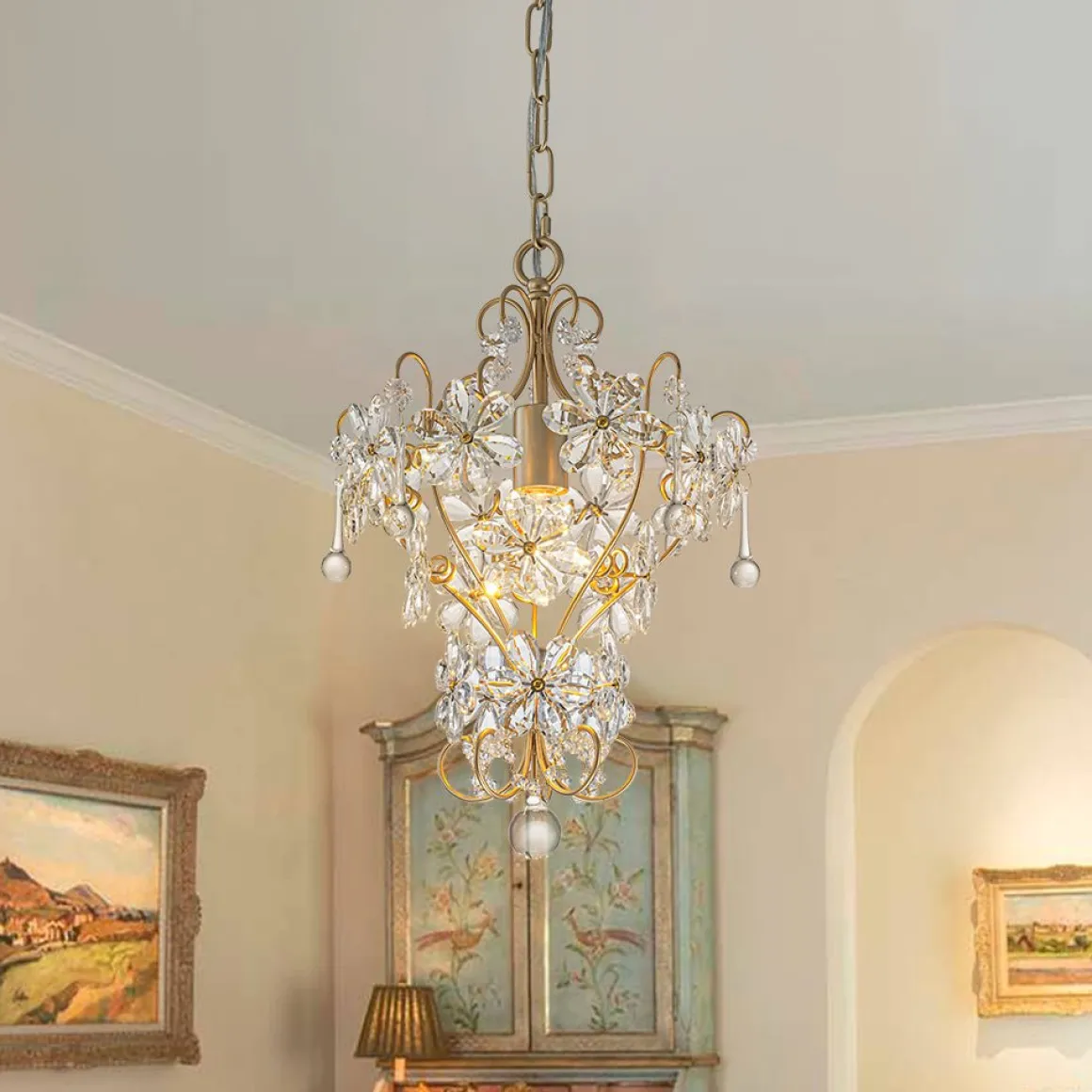 Glam Bloom Floral Crystal Accented Cage Pendant Light