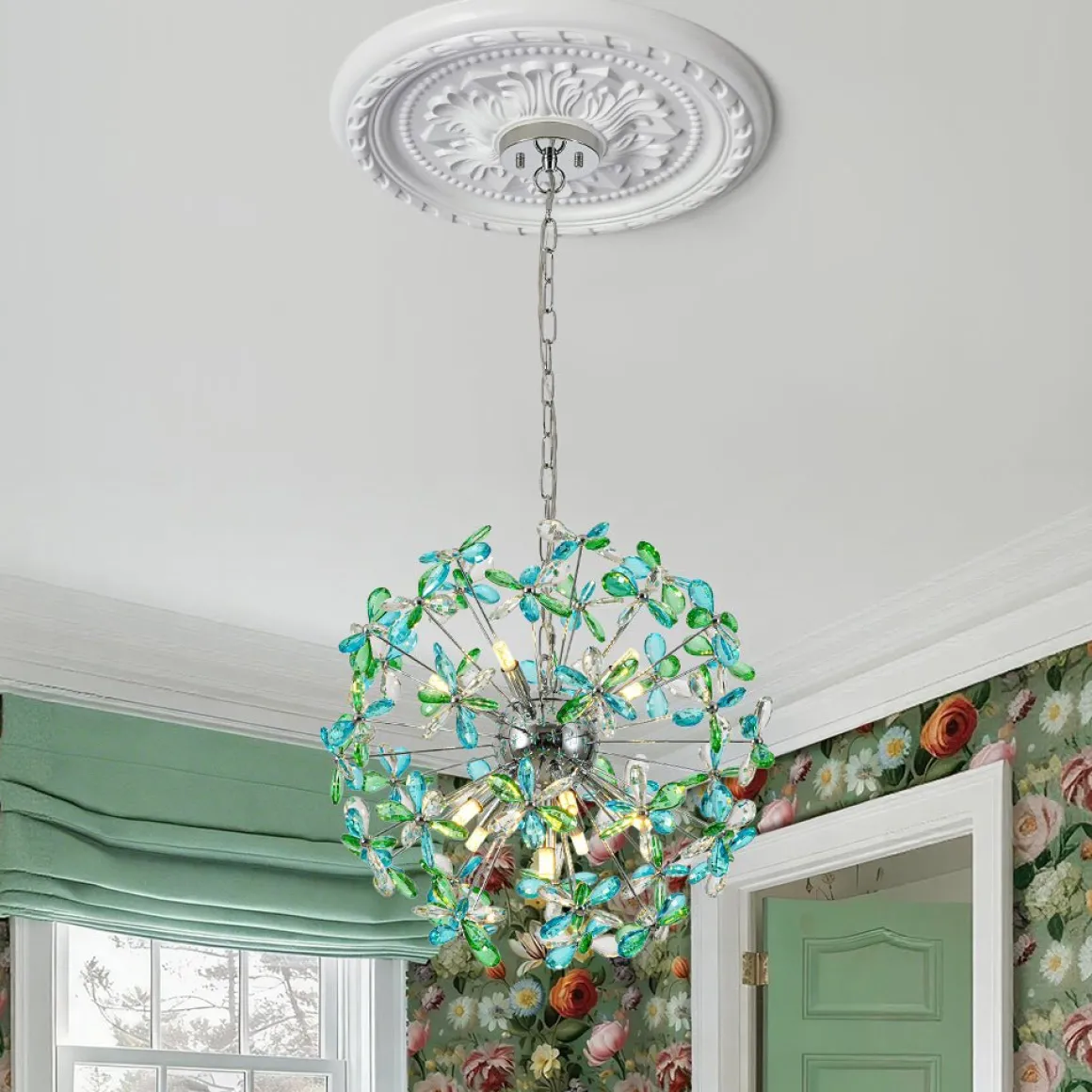 Glam Bloom Green Blue Crystal Flower Dandelion Chandelier