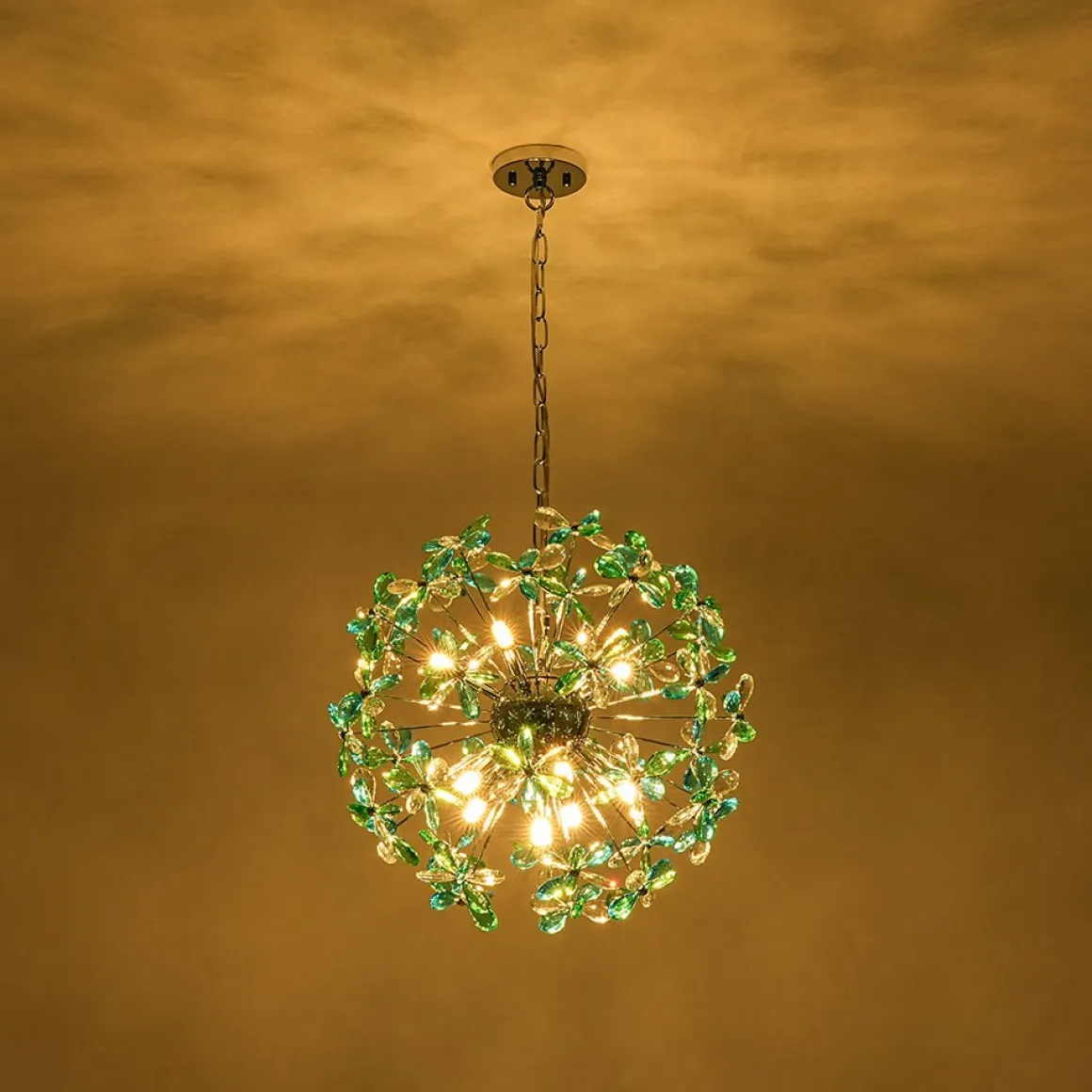 Glam Bloom Green Blue Crystal Flower Dandelion Chandelier