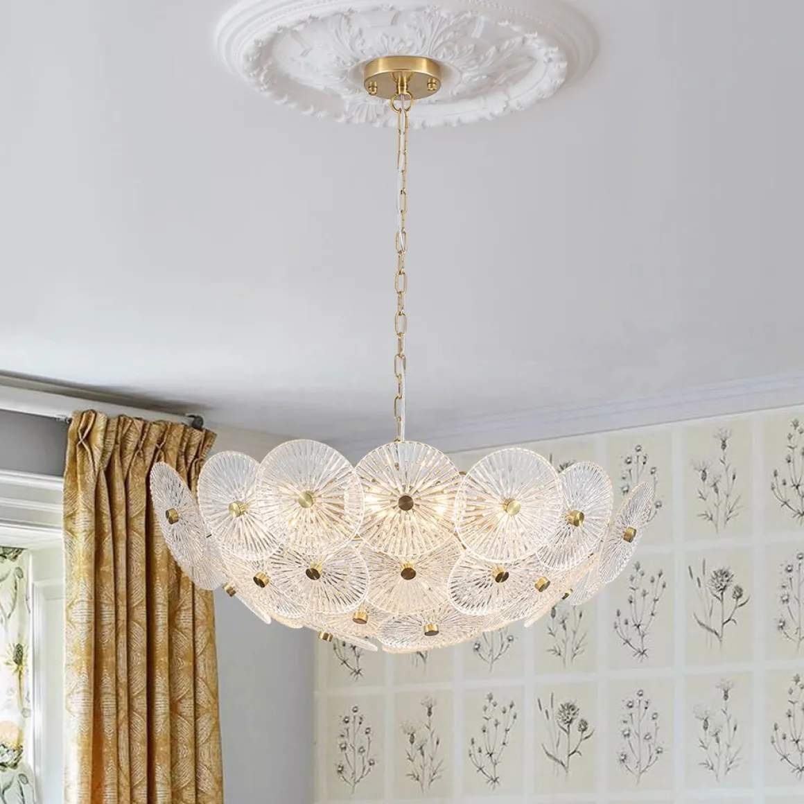 Glam Brass Ribbed Glass Floral Round Basket Chandelier