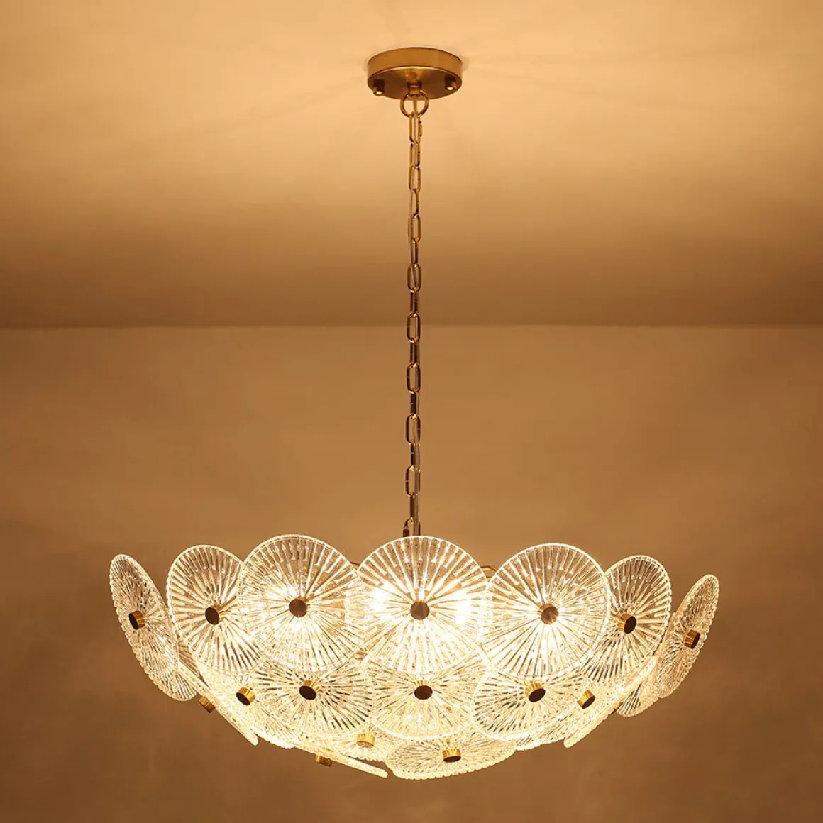 Glam Brass Ribbed Glass Floral Round Basket Chandelier
