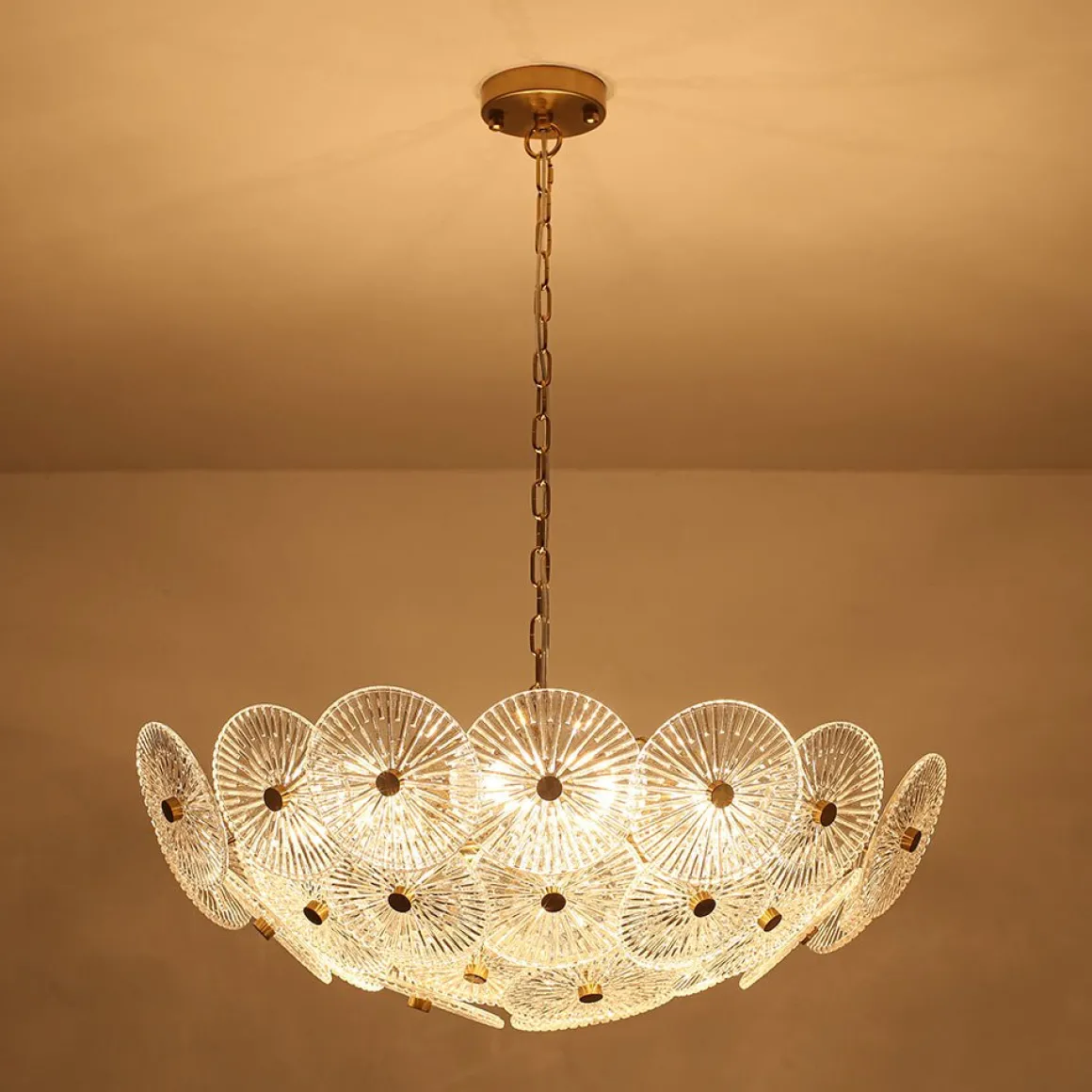 Glam Brass Ribbed Glass Floral Round Basket Chandelier