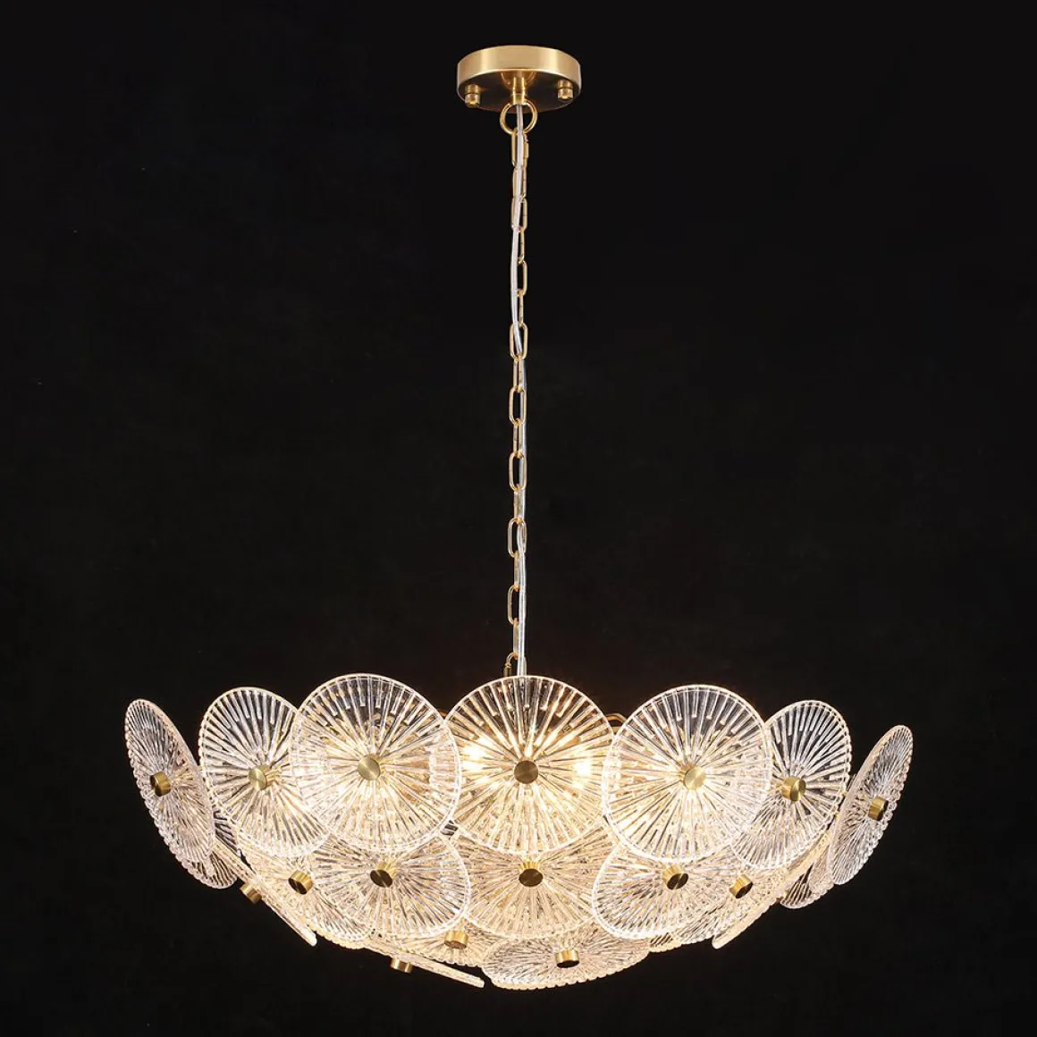 Glam Brass Ribbed Glass Floral Round Basket Chandelier