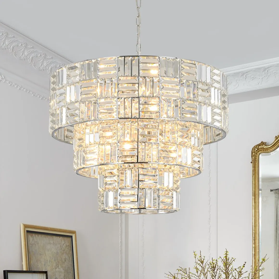 Glam Chrome Spark Cut Crystal Tiered Round Chandelier