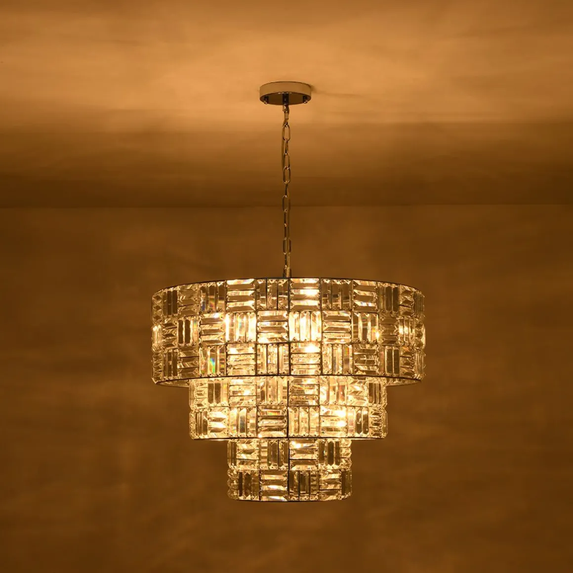 Glam Chrome Spark Cut Crystal Tiered Round Chandelier