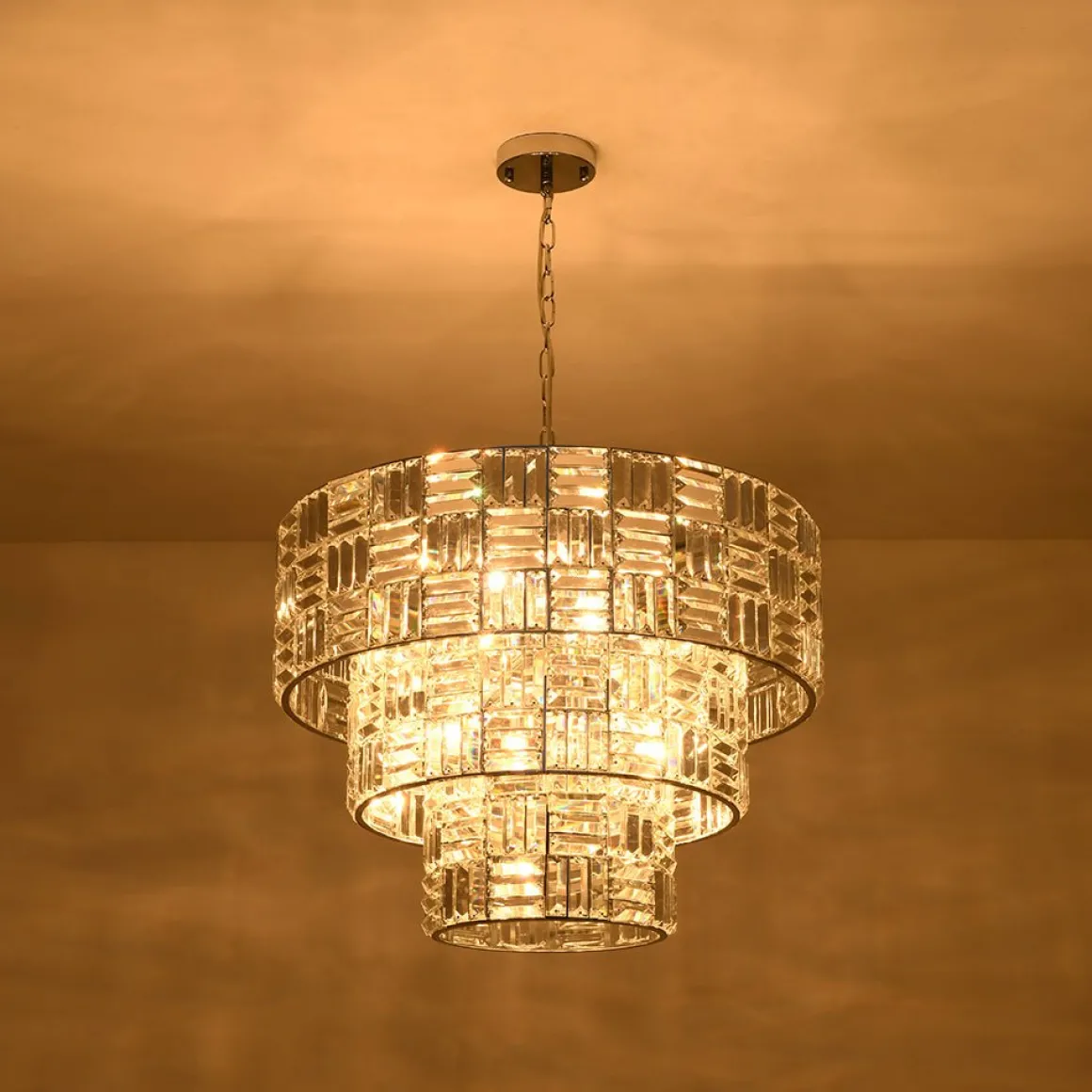 Glam Chrome Spark Cut Crystal Tiered Round Chandelier