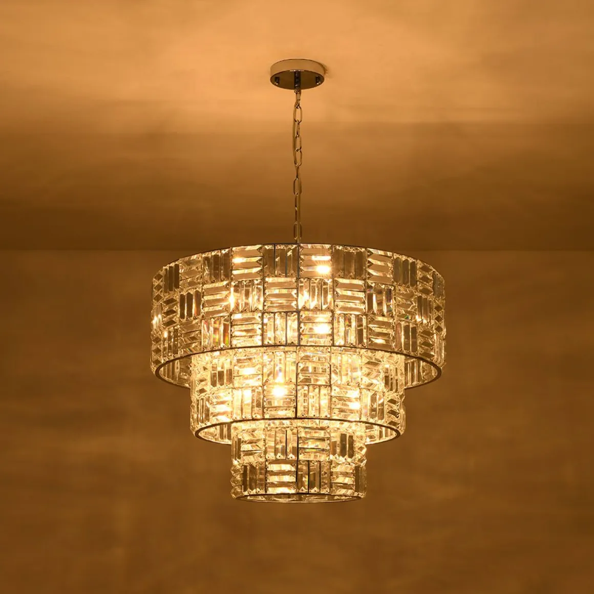 Glam Chrome Spark Cut Crystal Tiered Round Chandelier