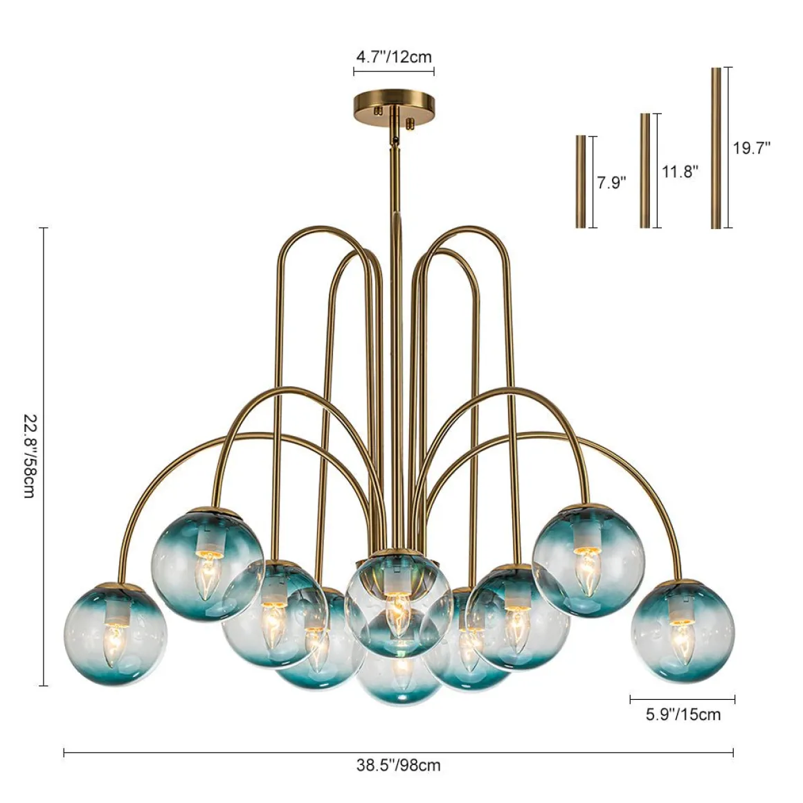 Glam 10-Light Blue Glass Globe Bubble Chandelier