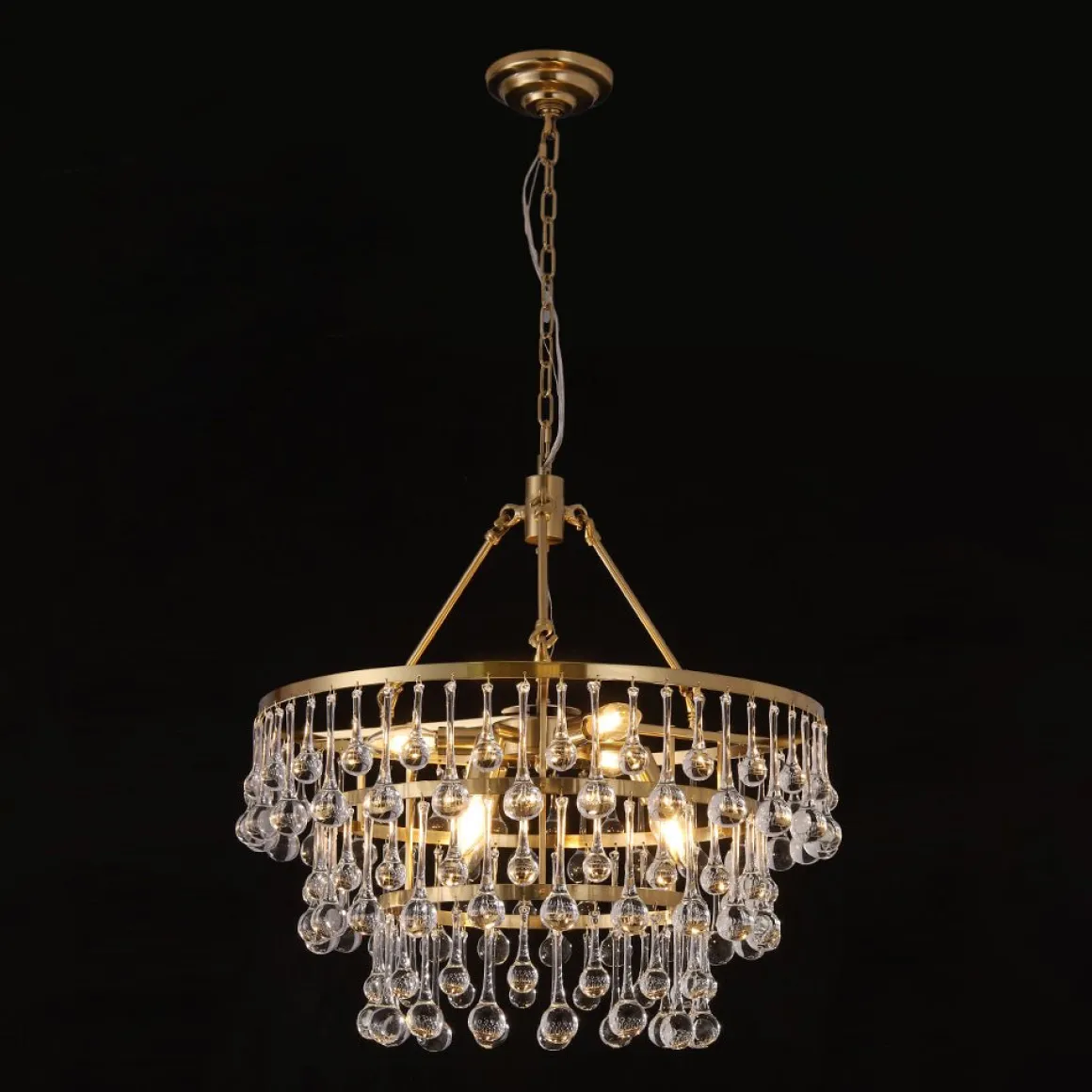 Glam Luxe Brass Tiered Crystal Raindrop Round Chandelier