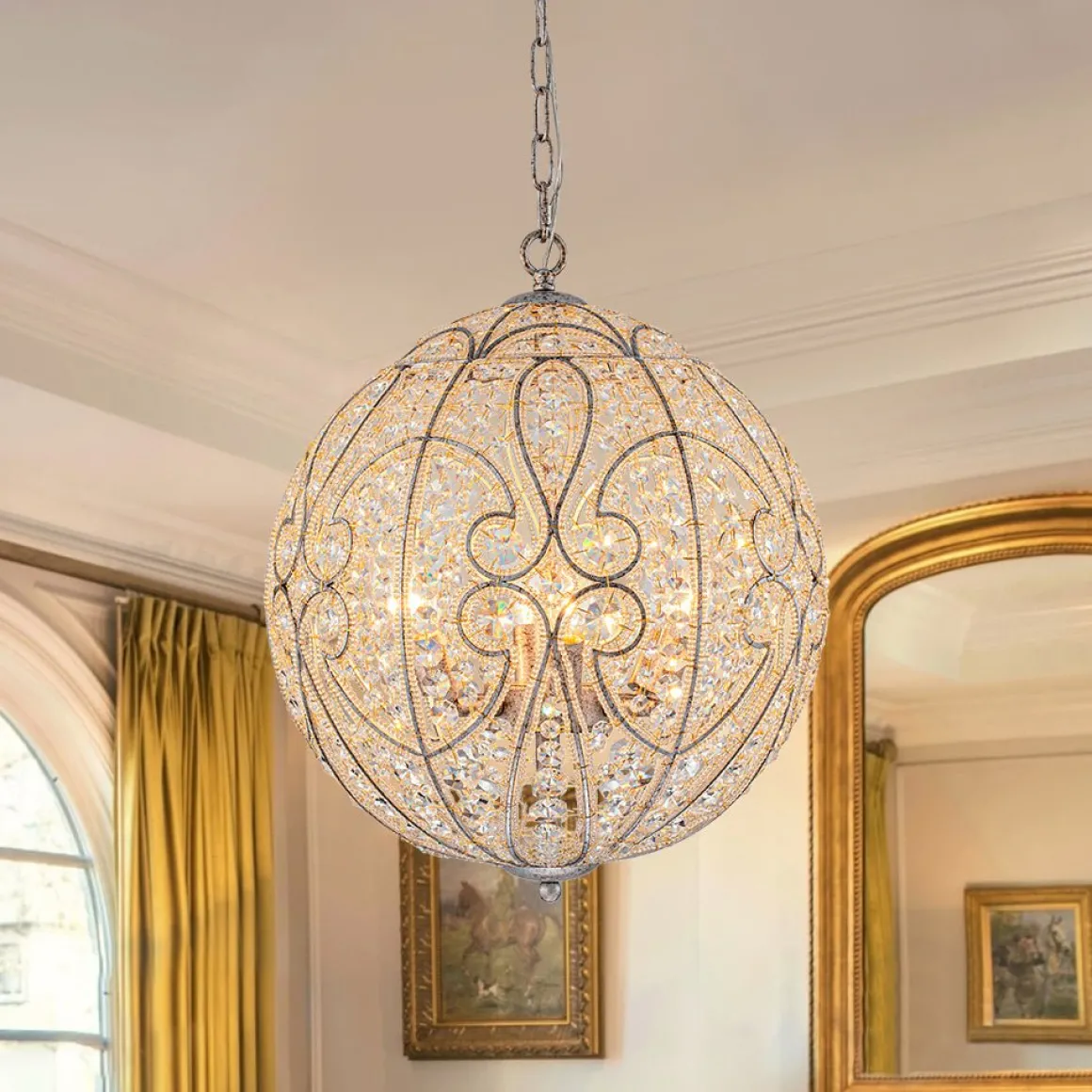 Glam Shabby Chic Crystal Globe Chandelier Distressed Silver