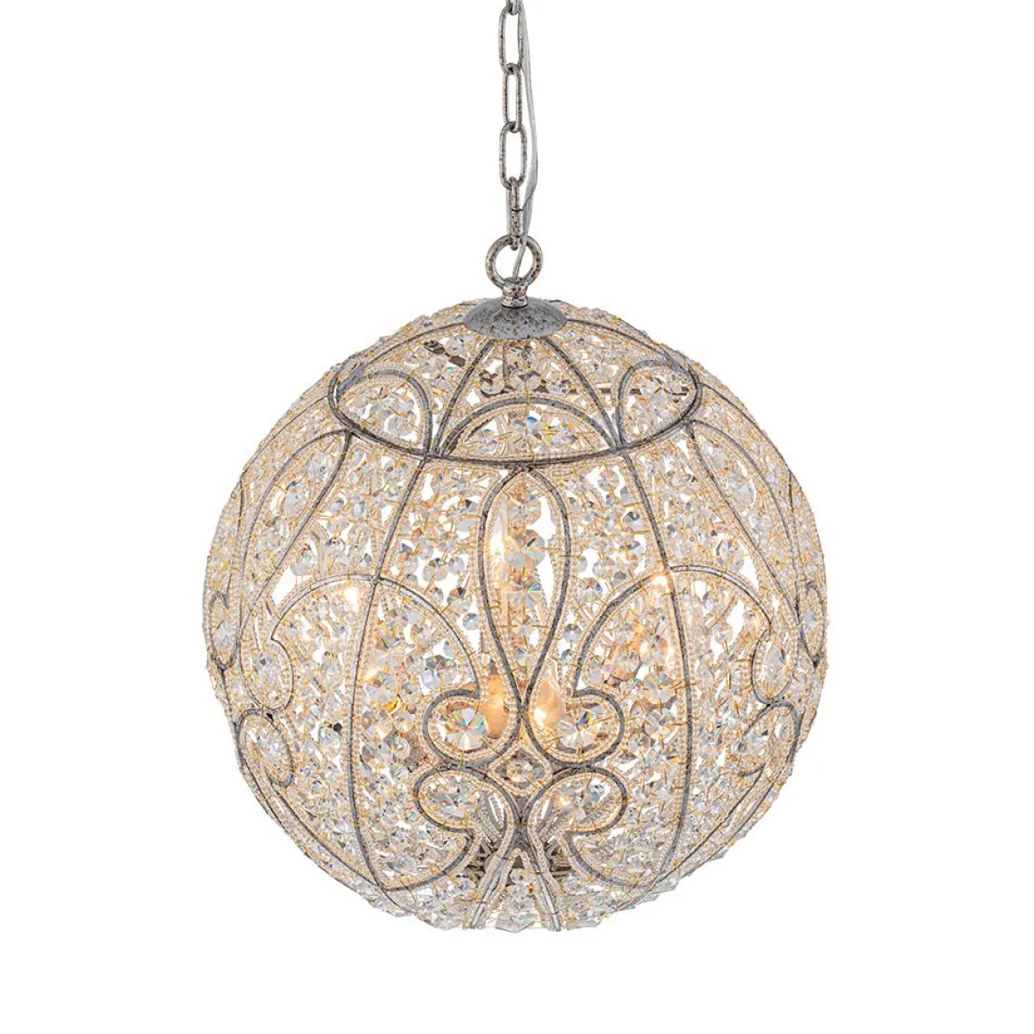 Glam Shabby Chic Crystal Globe Chandelier Distressed Silver