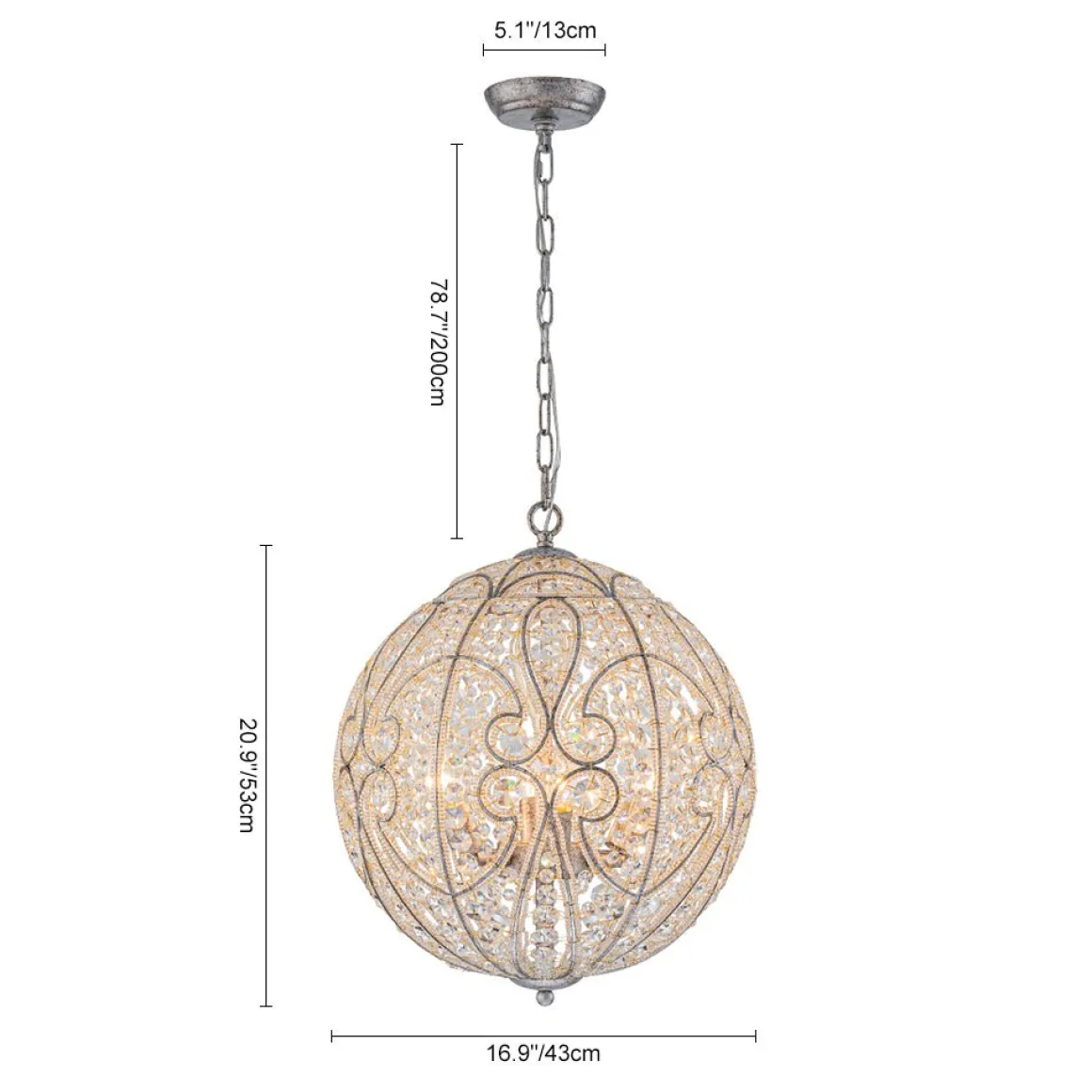 Glam Shabby Chic Crystal Globe Chandelier Distressed Silver