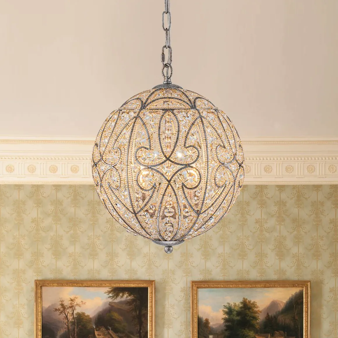 Glam Shabby Chic Crystal Globe Chandelier Distressed Silver