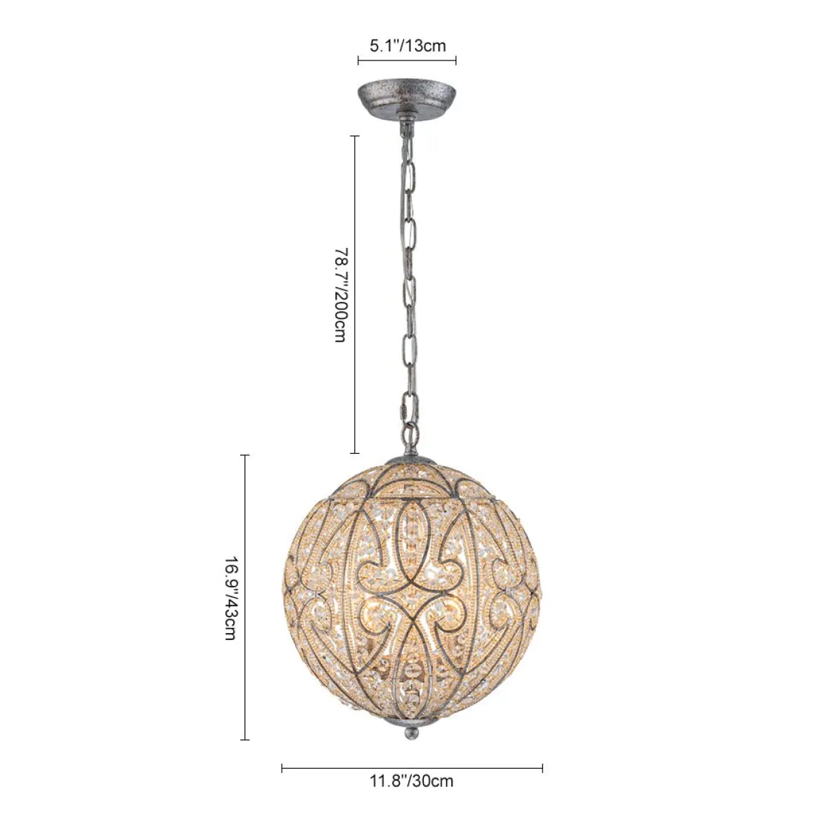 Glam Shabby Chic Crystal Globe Chandelier Distressed Silver