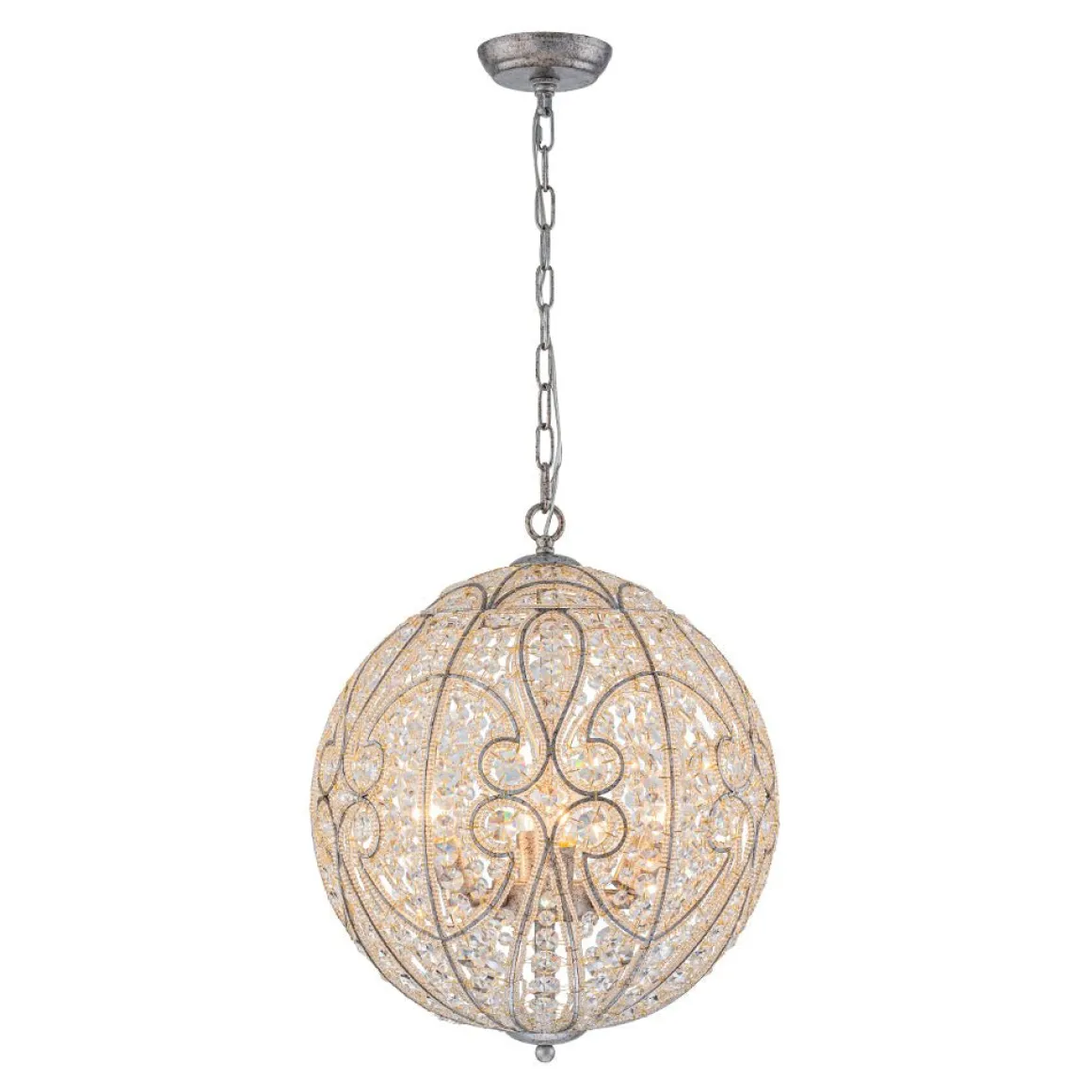 Glam Shabby Chic Crystal Globe Chandelier Distressed Silver