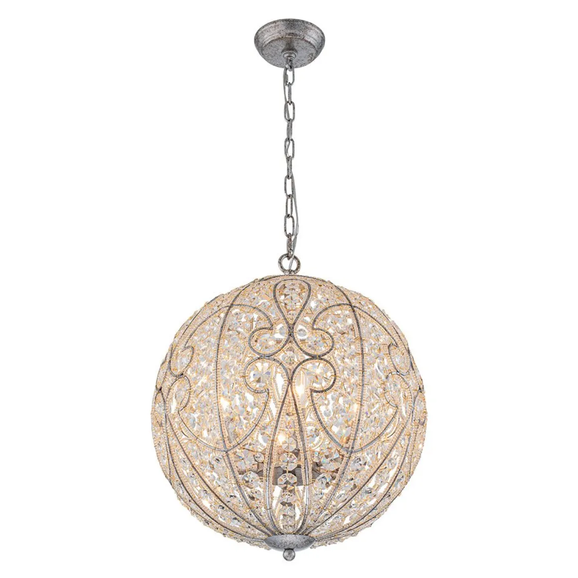 Glam Shabby Chic Crystal Globe Chandelier Distressed Silver