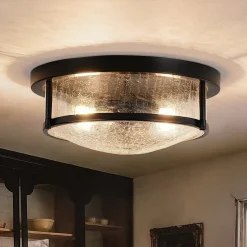Industrial Black Round Crackled Glass Flush Mount Light