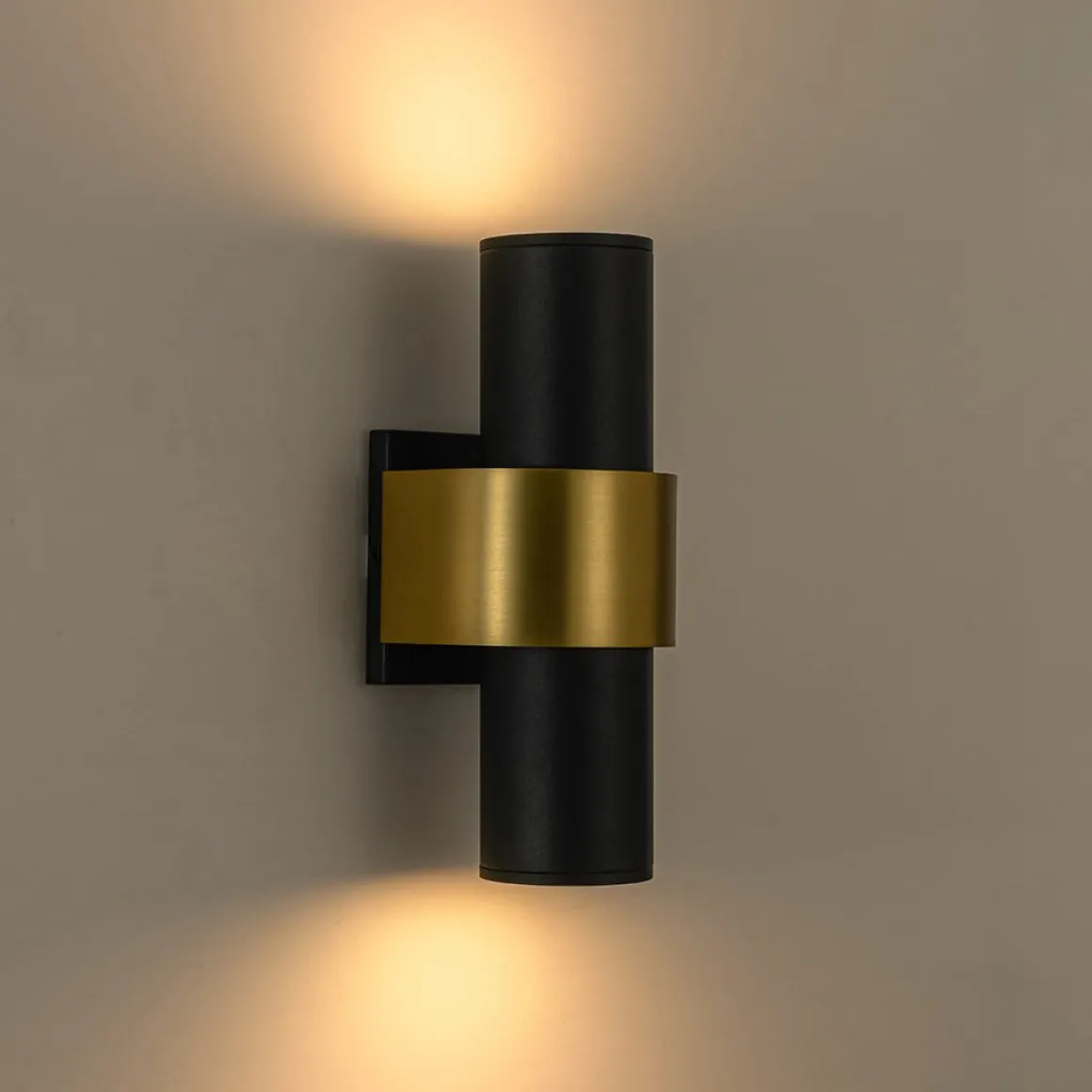 IP54 2-Light Black Brass Tube LED Outdoor Wall Lamp