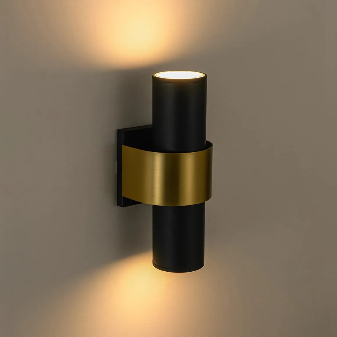 IP54 2-Light Black Brass Tube LED Outdoor Wall Lamp