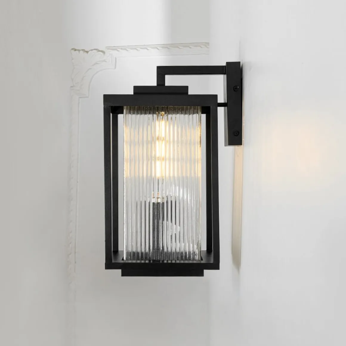 IP23 1-Light Black Ribbed Glass Outdoor Wall Lantern