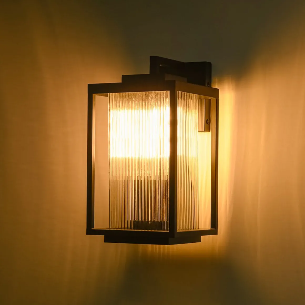 IP23 1-Light Black Ribbed Glass Outdoor Wall Lantern