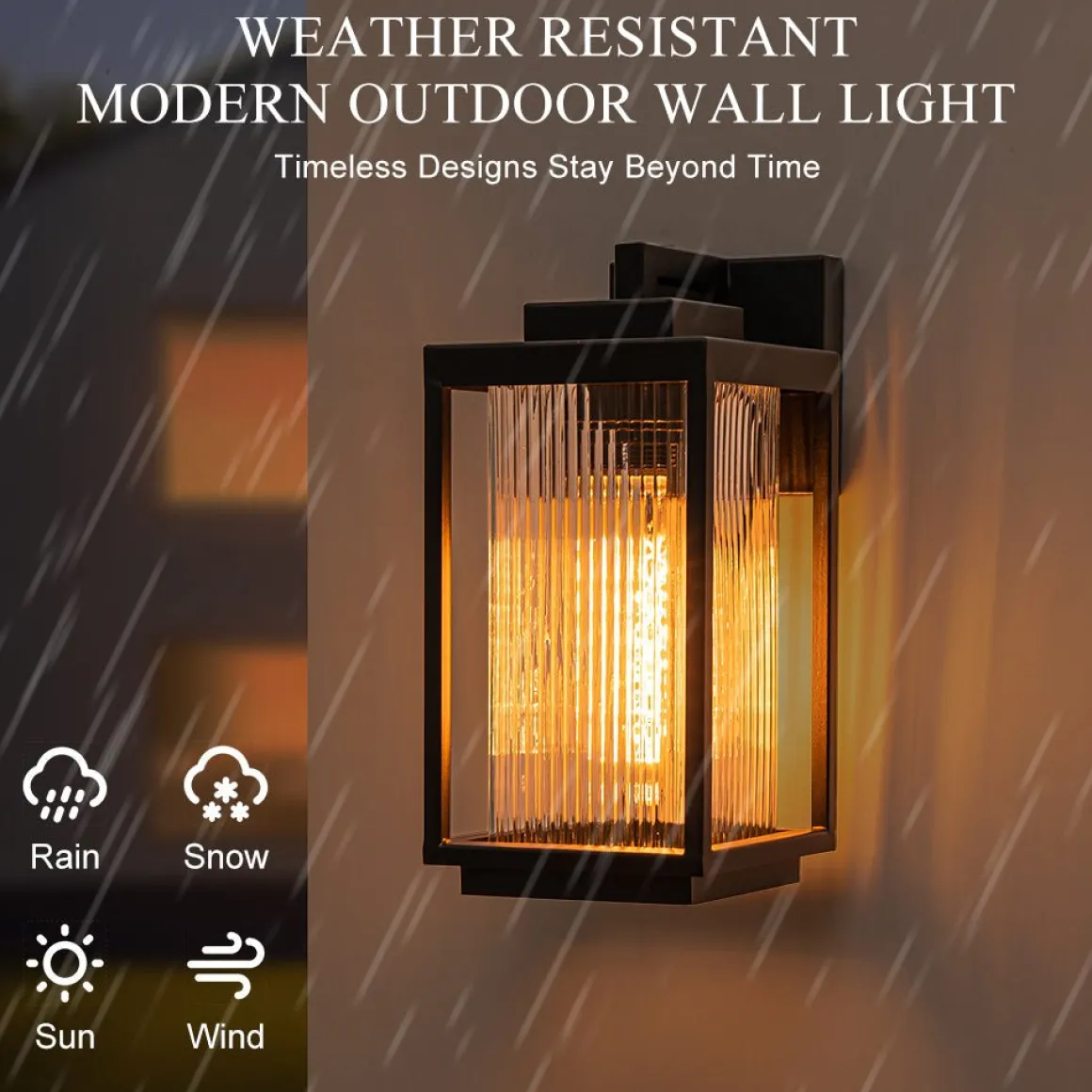 IP23 1-Light Black Ribbed Glass Outdoor Wall Lantern