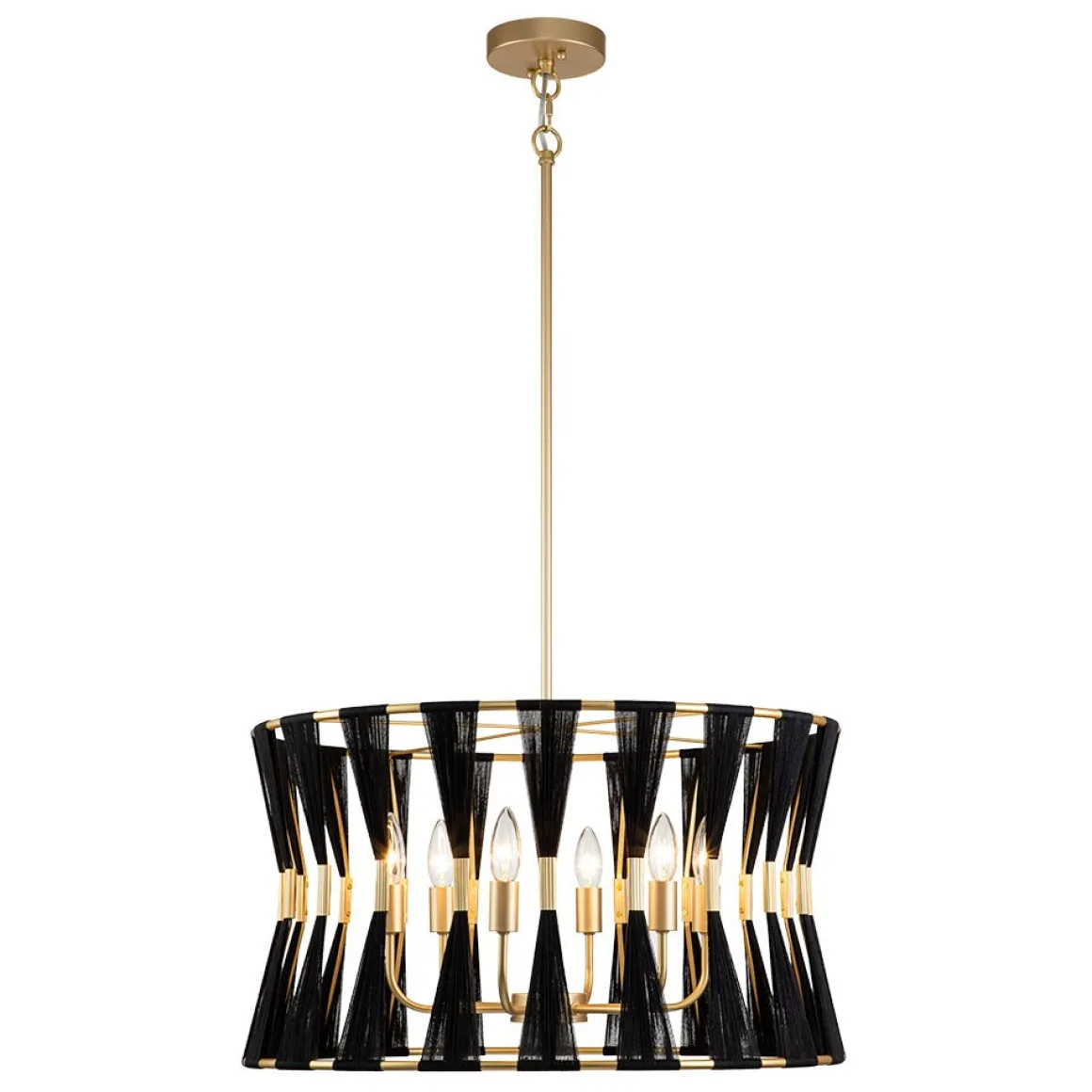 Ivory Woven Brass Open Drum Pendant Light